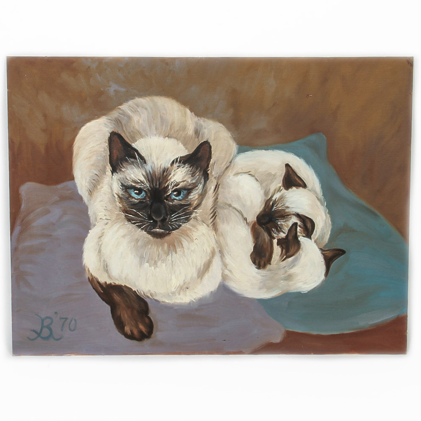 Oil Painting on Canvas Board "Siamese Cat with Kittens"