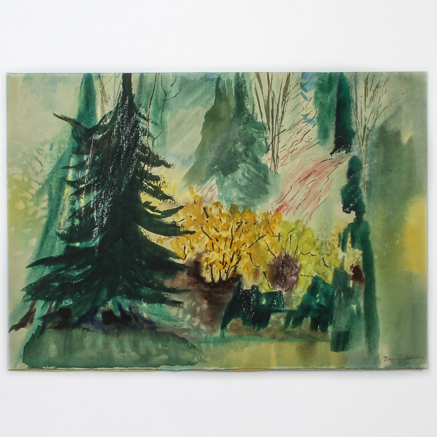 Mary S. Johnson Mixed Media Painting on Paper "Sunset through the Trees"