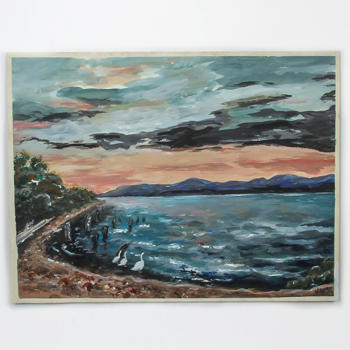 Vera Indenbaum Acrylic and Gouache Painting on Paper "Lake Landscape"