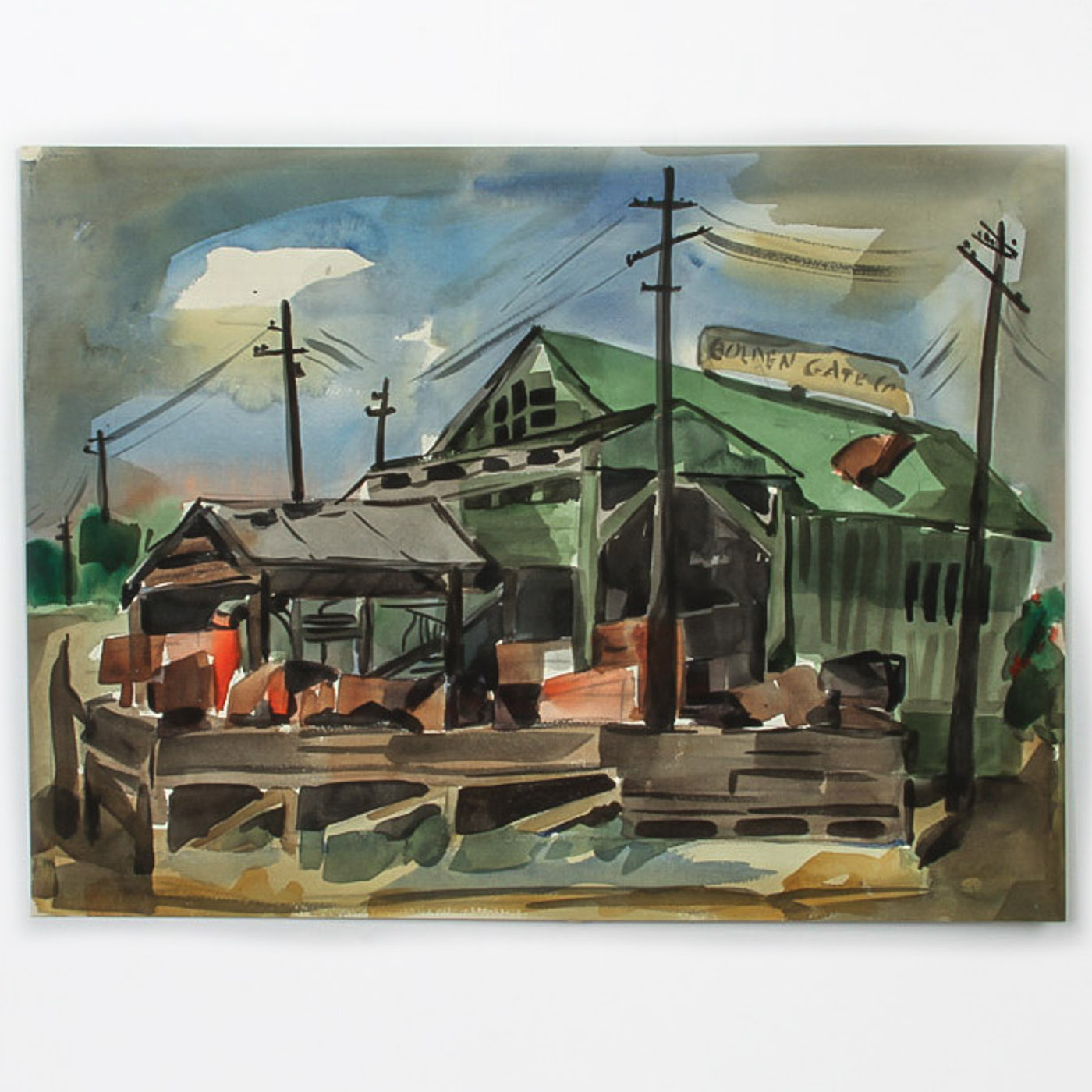 Muriel Backman Watercolor and Crayon Painting on Paper "Old Granite Works"