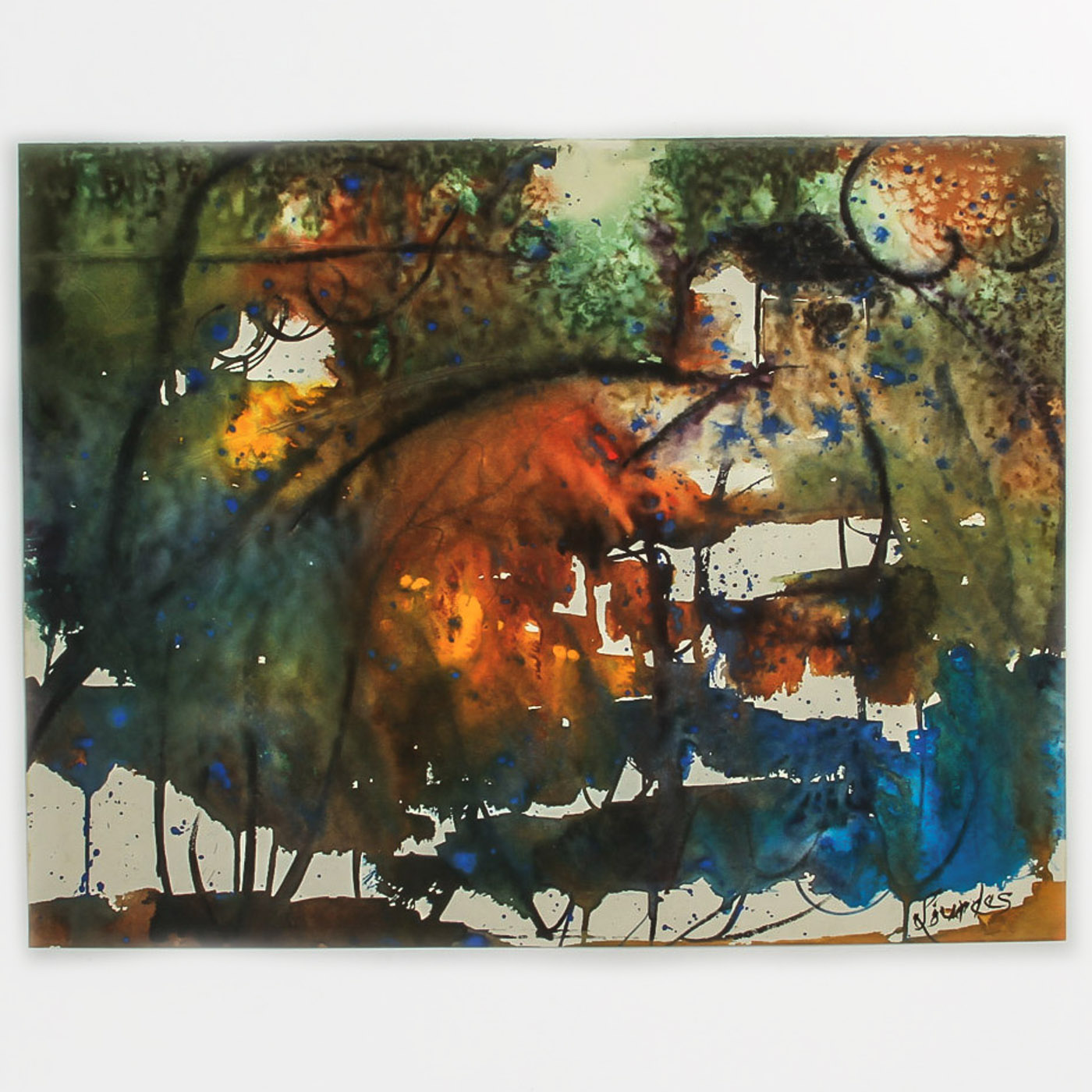 Lourdes Watercolor and Gouache Painting on Paper "Autumnal Abstract"