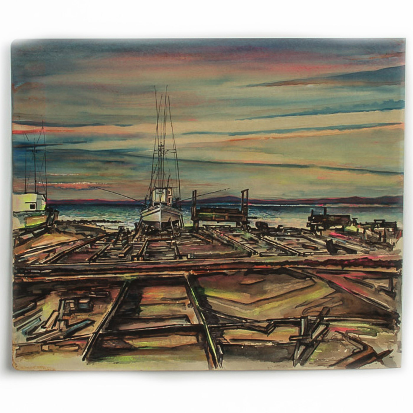 Robert Grimes Watercolor, Pen and Ink Painting on Paper "Docks at Sunset"