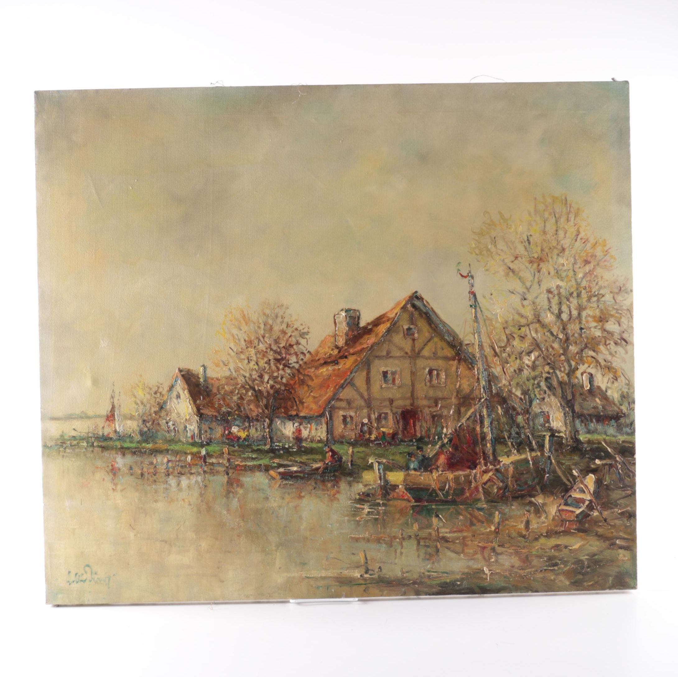 Arthur Hierer Oil Painting "Fishing Village"