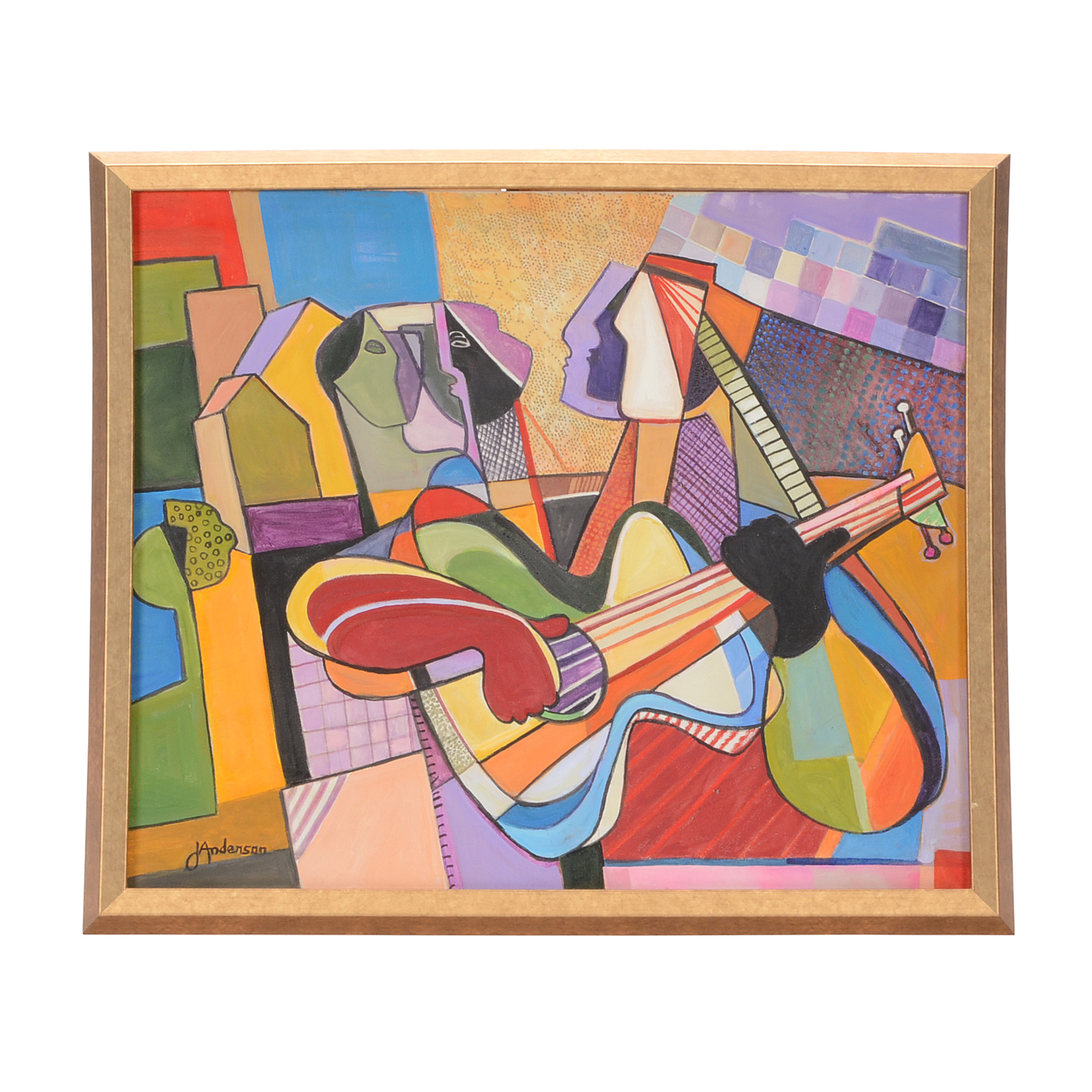J. Anderson Cubist Style Acrylic Painting On Canvas