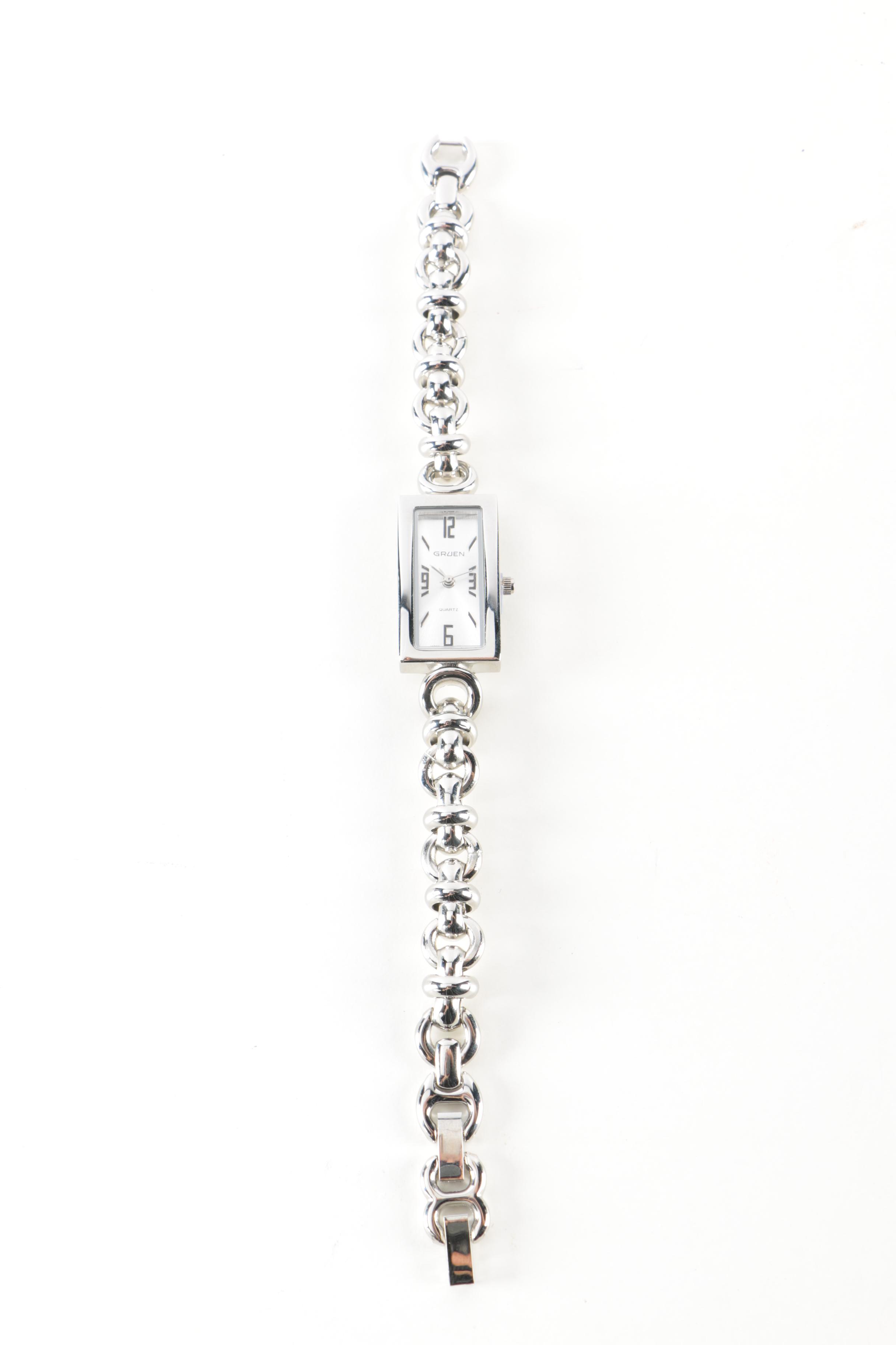 Silver Tone Gruen Watch, Bracelet and Earrings
