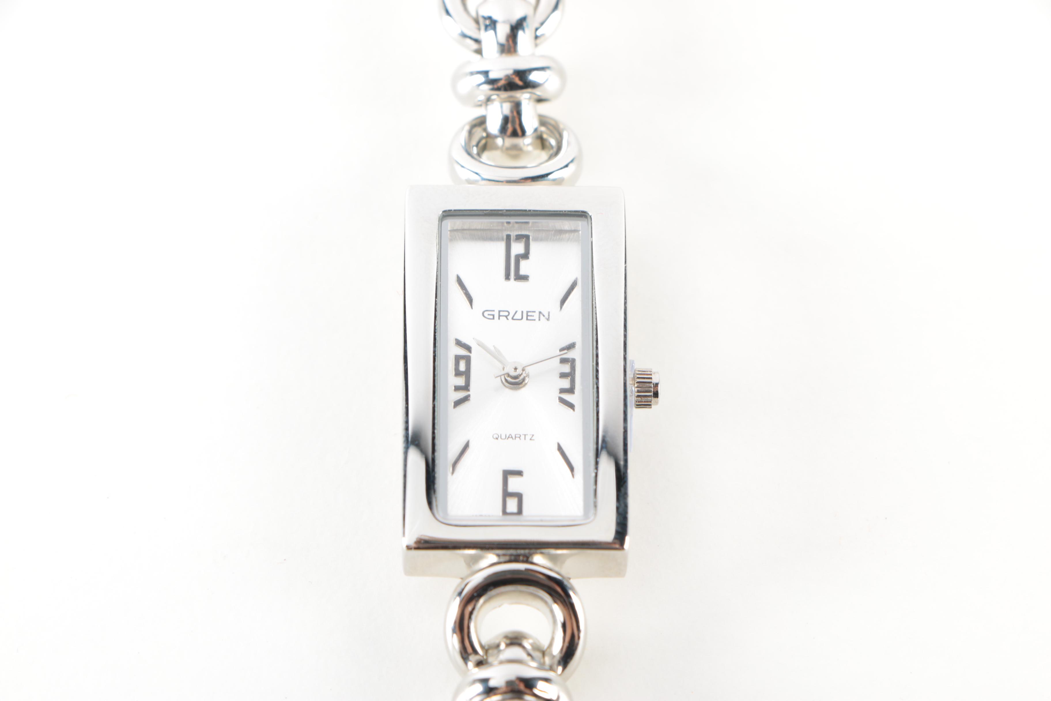 Silver Tone Gruen Watch, Bracelet and Earrings