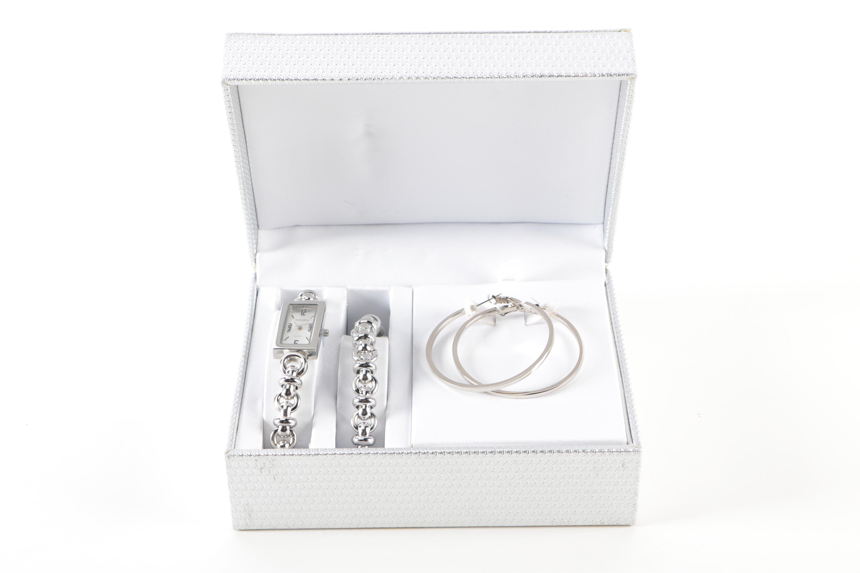 Silver Tone Gruen Watch, Bracelet and Earrings