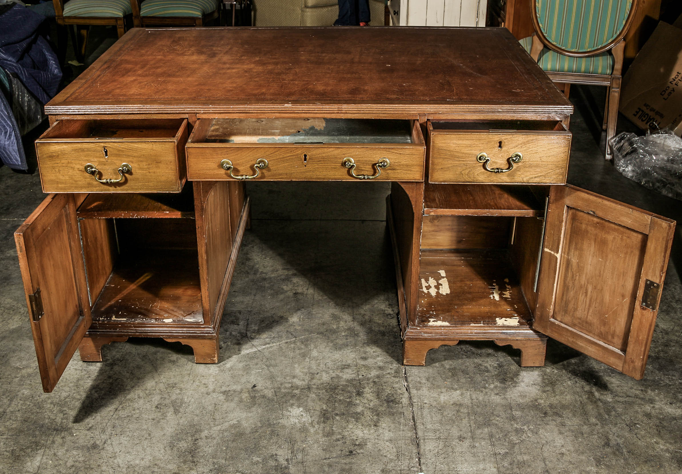 Vintage Poplar Double Sided Pedestal Desk