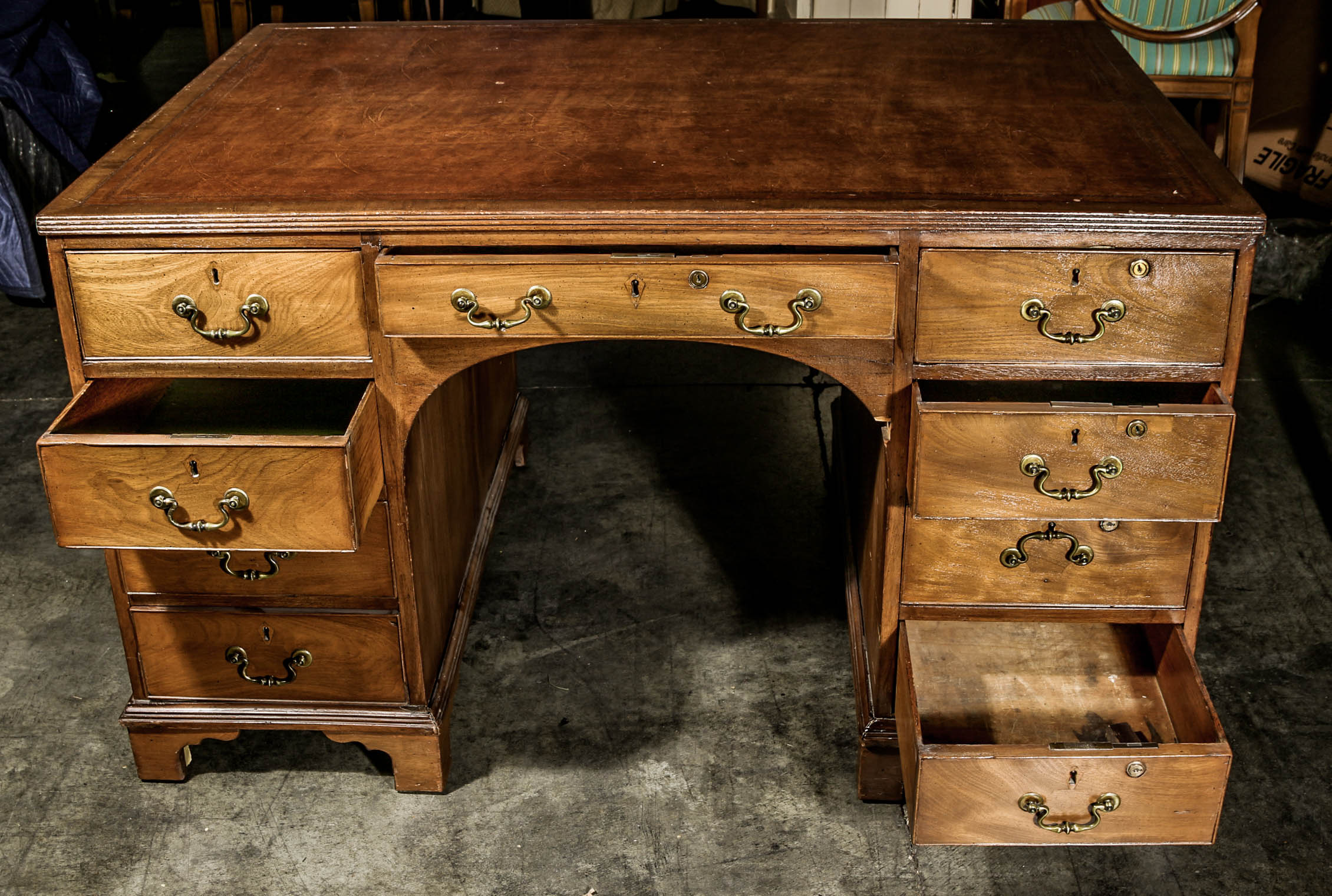 Vintage Poplar Double Sided Pedestal Desk