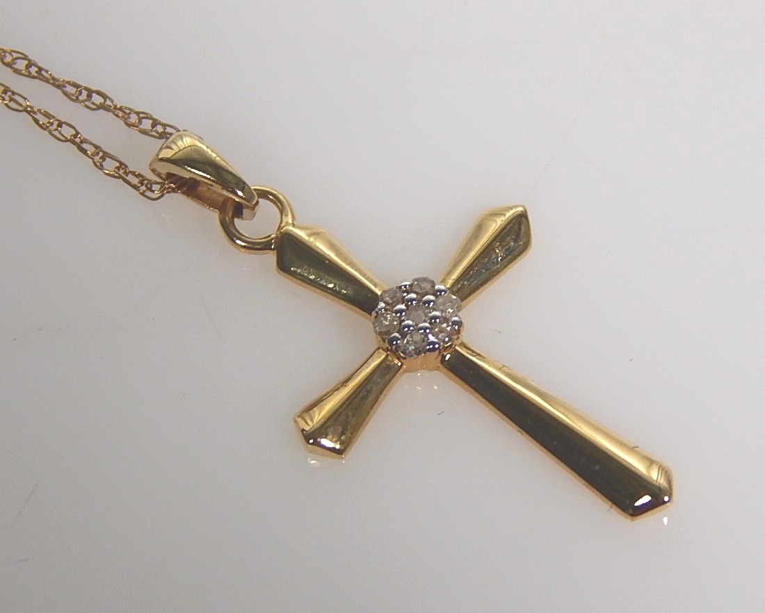 10K Yellow Gold and Diamond Cross Pendant and Necklace