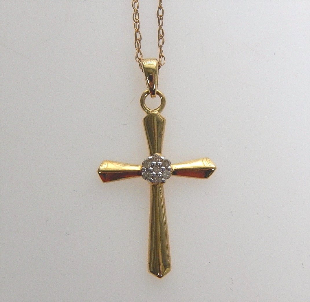10K Yellow Gold and Diamond Cross Pendant and Necklace