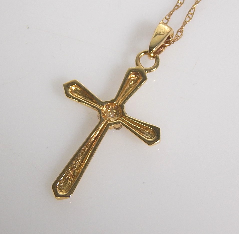 10K Yellow Gold and Diamond Cross Pendant and Necklace