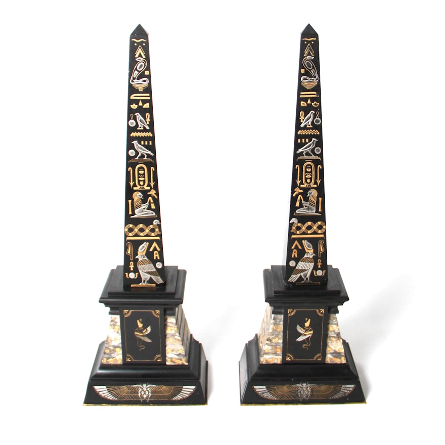 Egyptian Carved Marble Obelisk Bookends