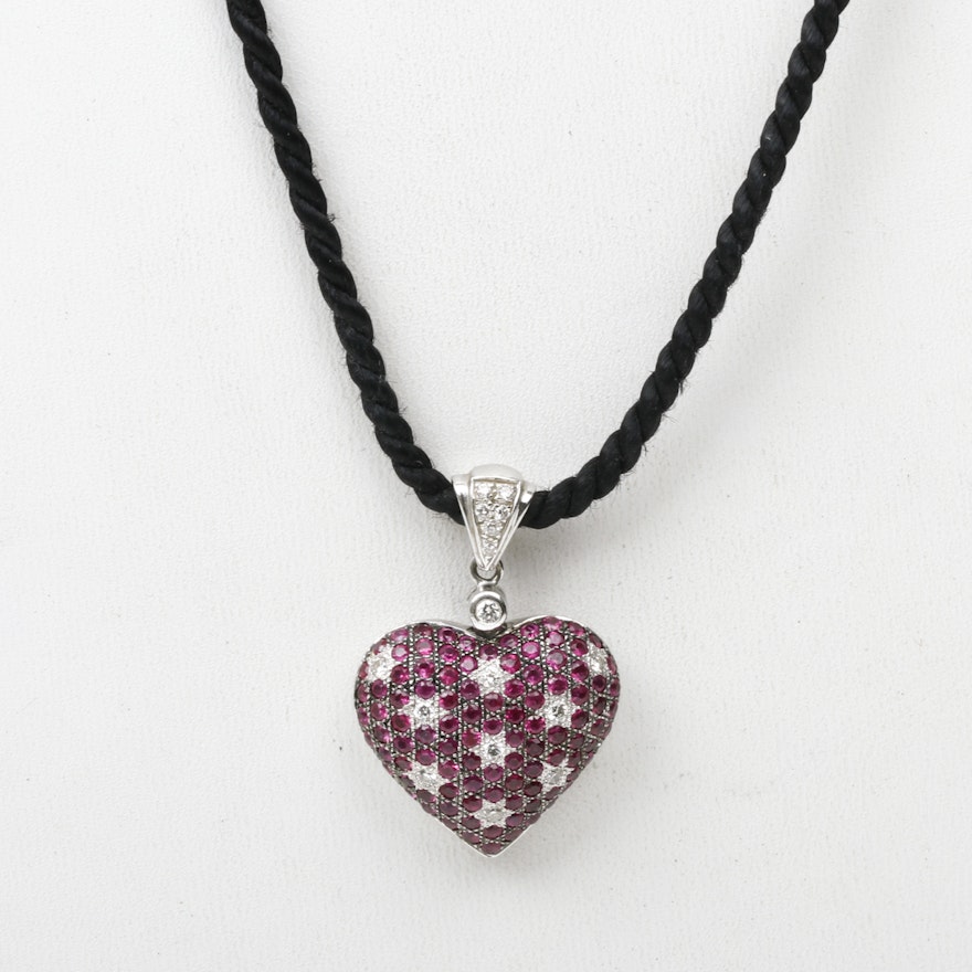 Le Vian 14K White Gold, Ruby, and Diamond Heart Pendant Necklace