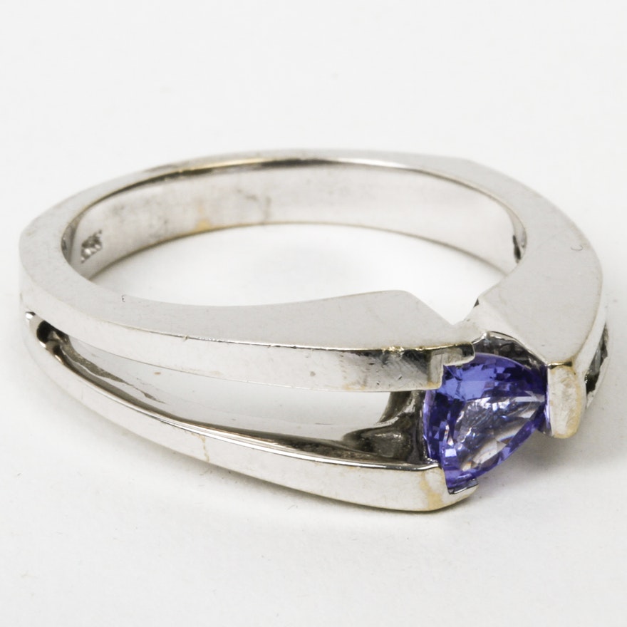 18K White Gold, Tanzanite, and Diamond Cathedral Ring