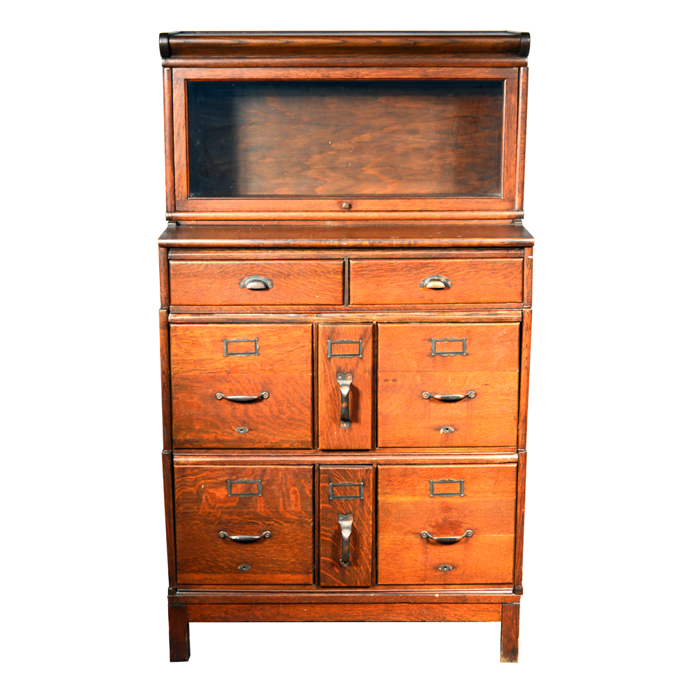 Antique Oak Barrister Bookcase Over Filing Cabinet by Globe-Wernicke Co.