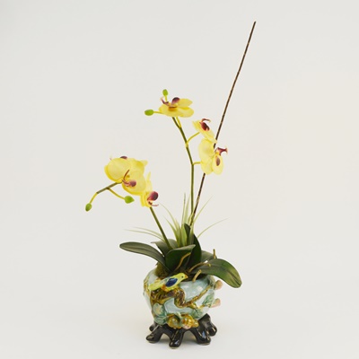 Faux Orchid and Ceramic Bird Pot