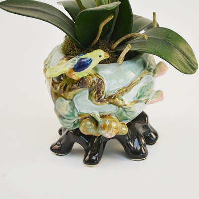 Faux Orchid and Ceramic Bird Pot