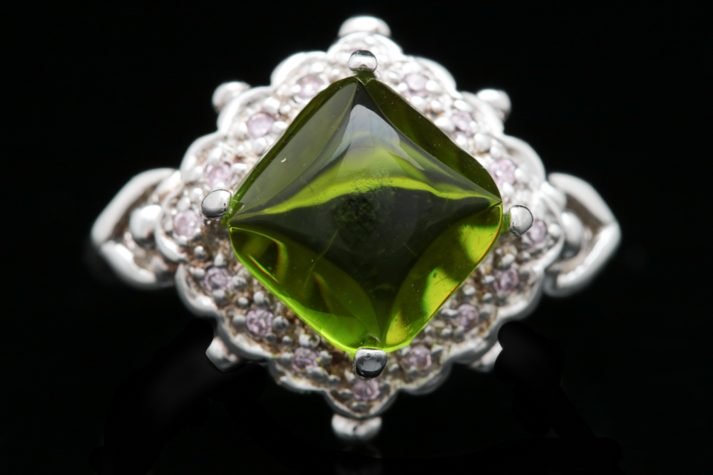 Sterling Silver, Green Glass and CZ Ring