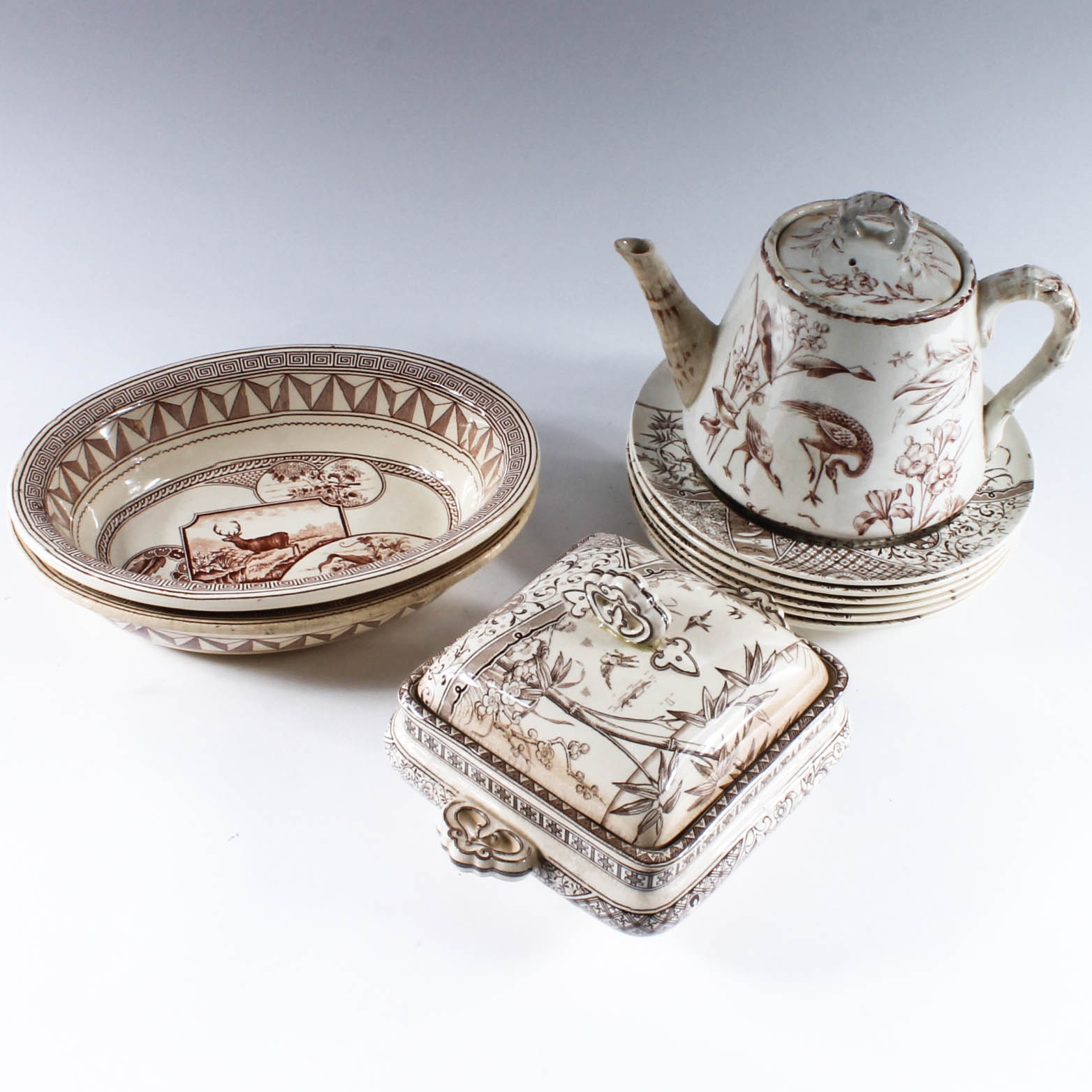 Antique Brown and White English Aesthetic Movement Transferware