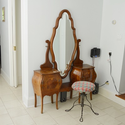 Antique Italian Louis XV Style Bombe Vanity With Metal Stool