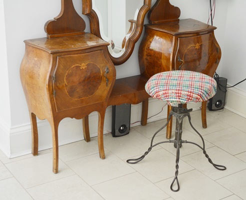Antique Italian Louis XV Style Bombe Vanity With Metal Stool