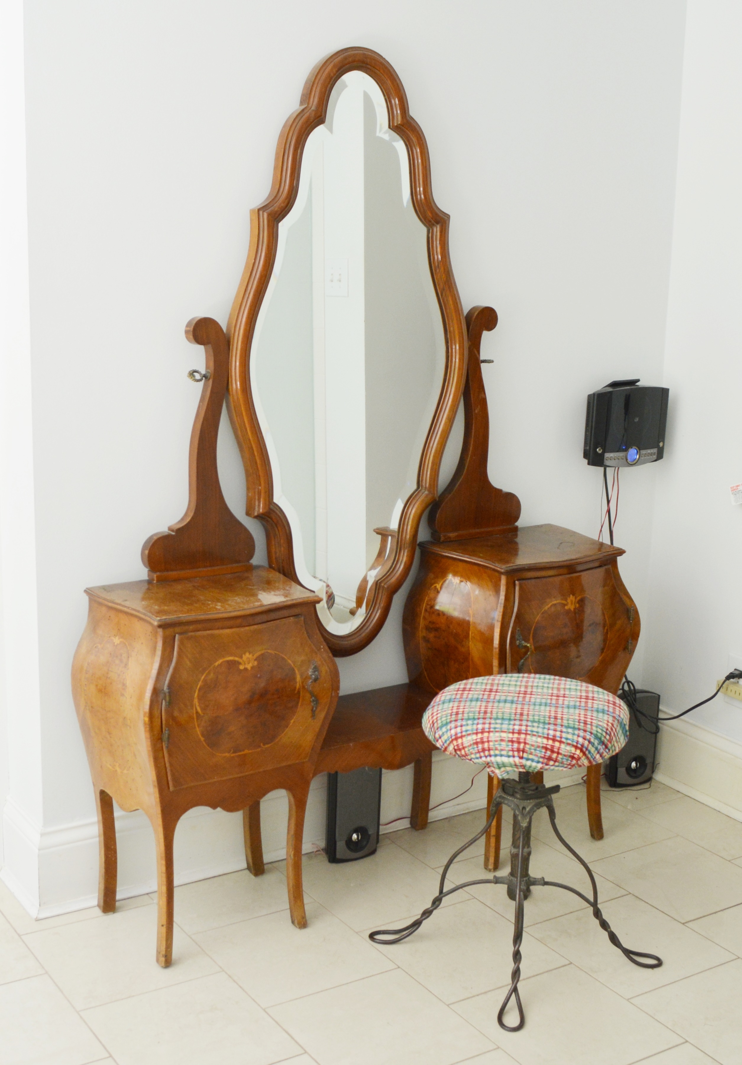 Antique Italian Louis XV Style Bombe Vanity With Metal Stool