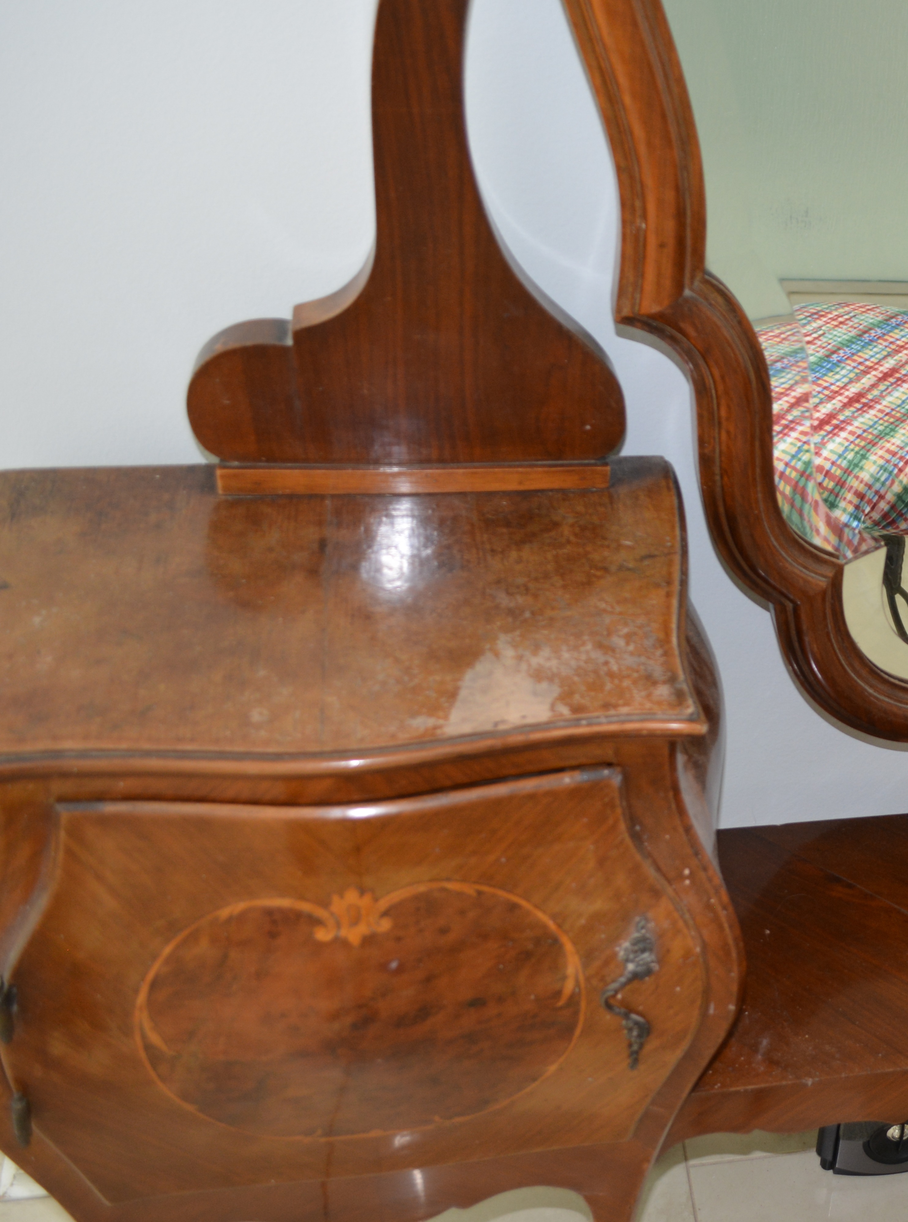 Antique Italian Louis XV Style Bombe Vanity With Metal Stool