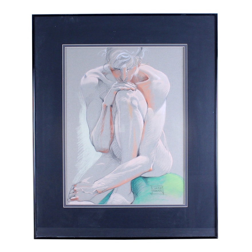 Claudia Hammer Pastel Drawing of Female Nude "Green Cushion"