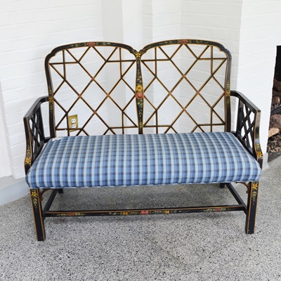 Vintage Chippendale Chinoiserie Black Lacquer Settee