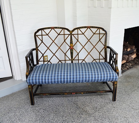 Vintage Chippendale Chinoiserie Black Lacquer Settee