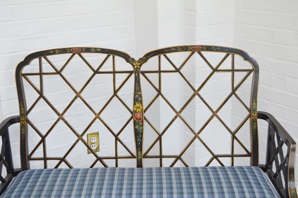 Vintage Chippendale Chinoiserie Black Lacquer Settee