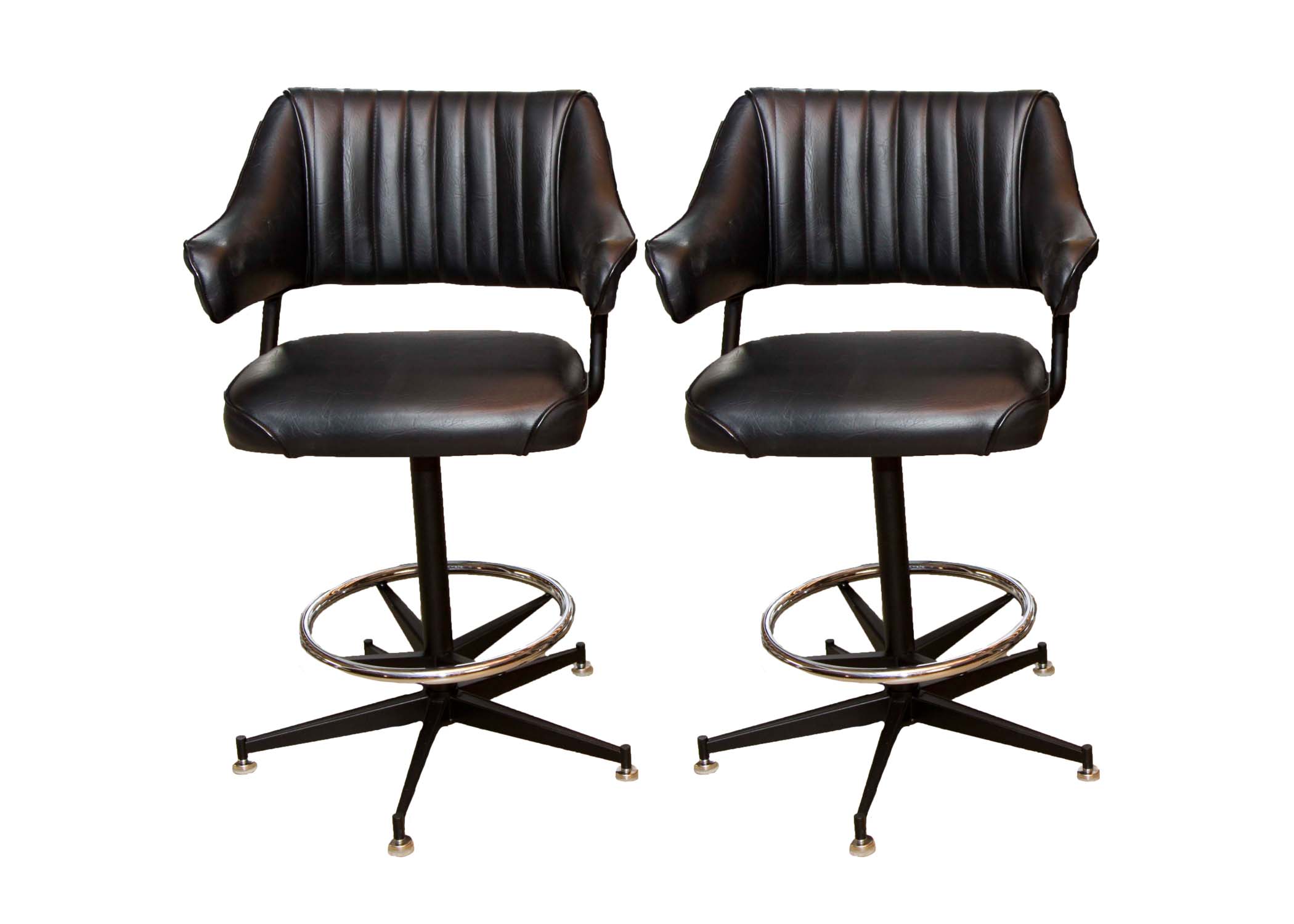 Pair of Mid Century Modern Black Leather Swivel Stools