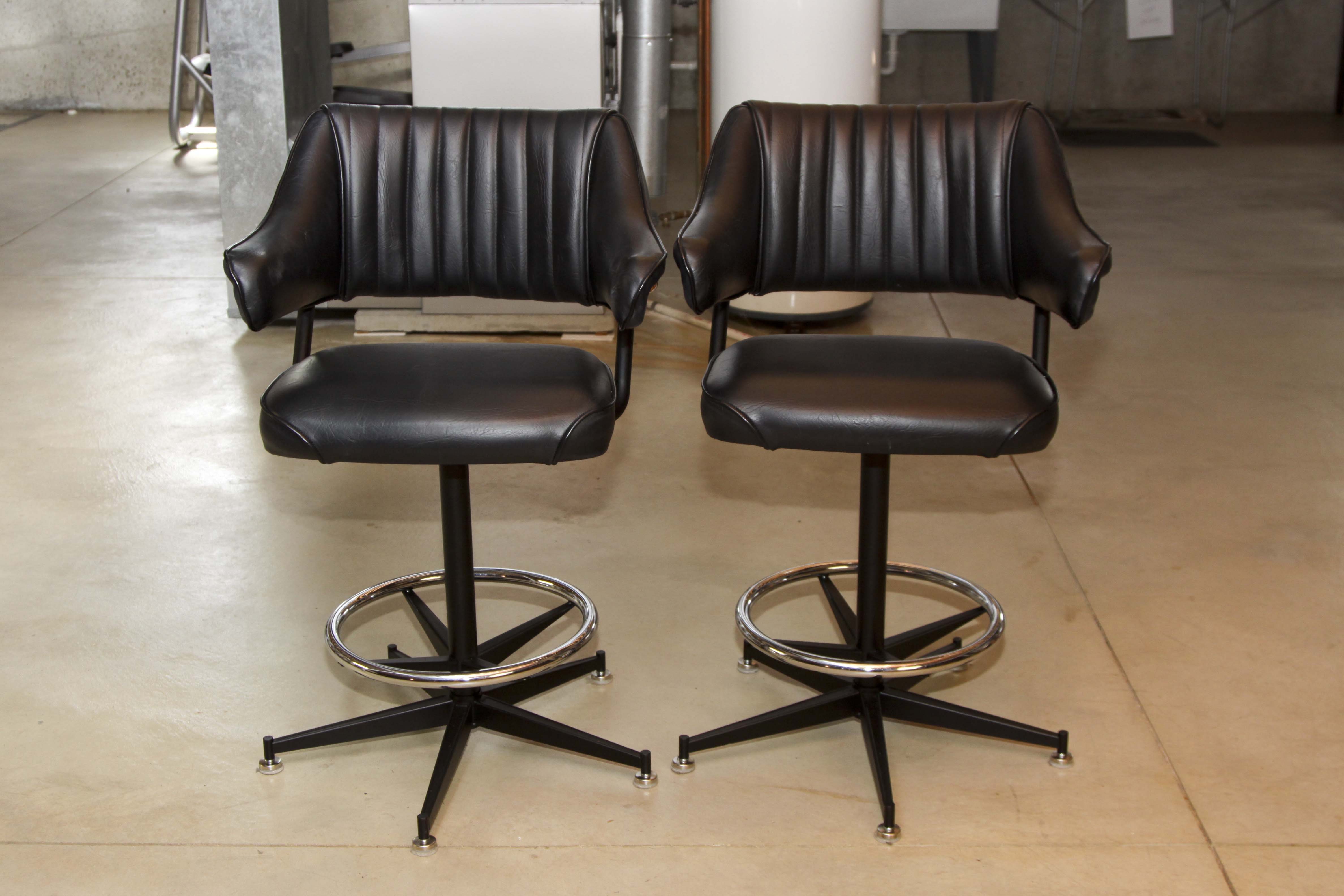Pair of Mid Century Modern Black Leather Swivel Stools