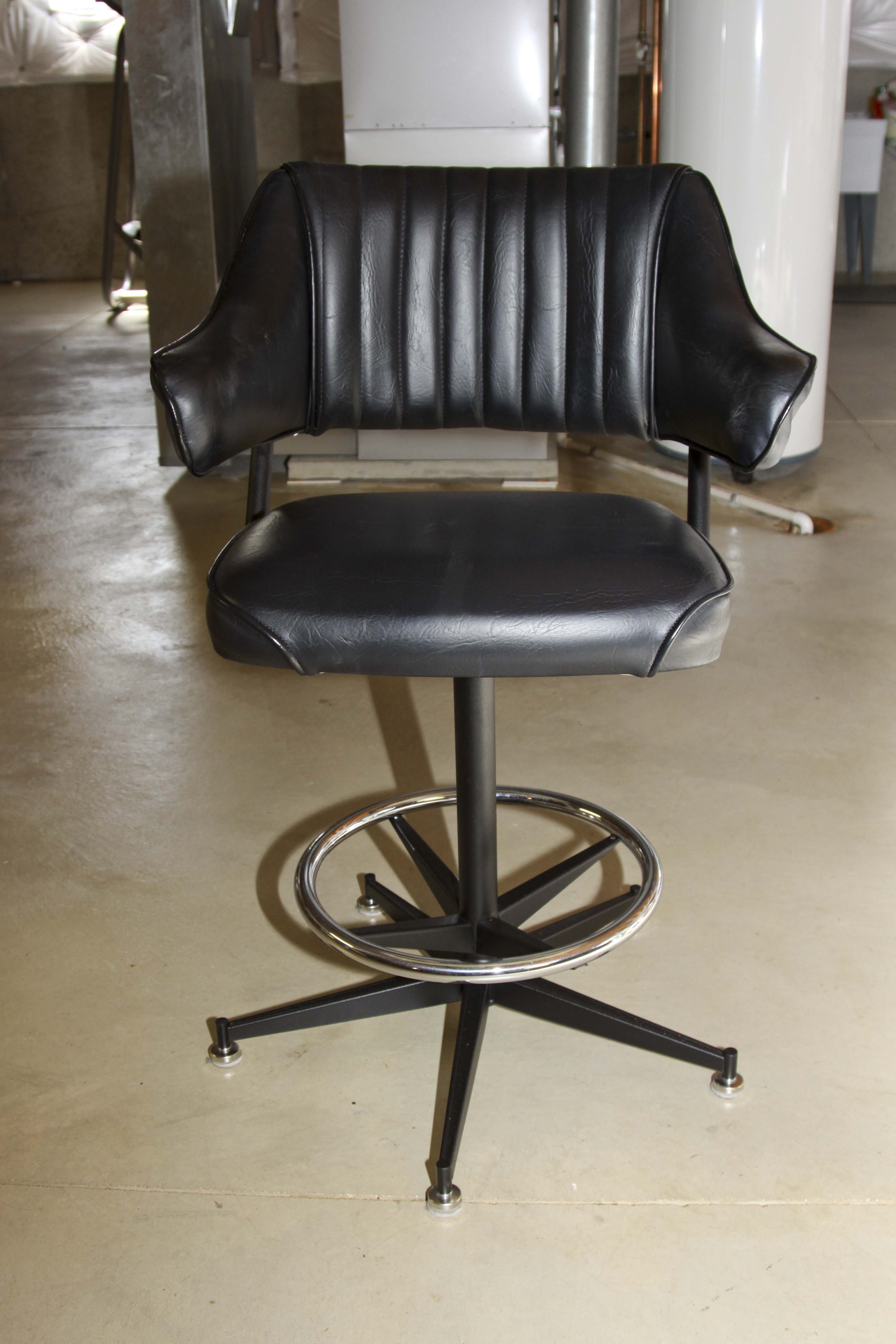Pair of Mid Century Modern Black Leather Swivel Stools