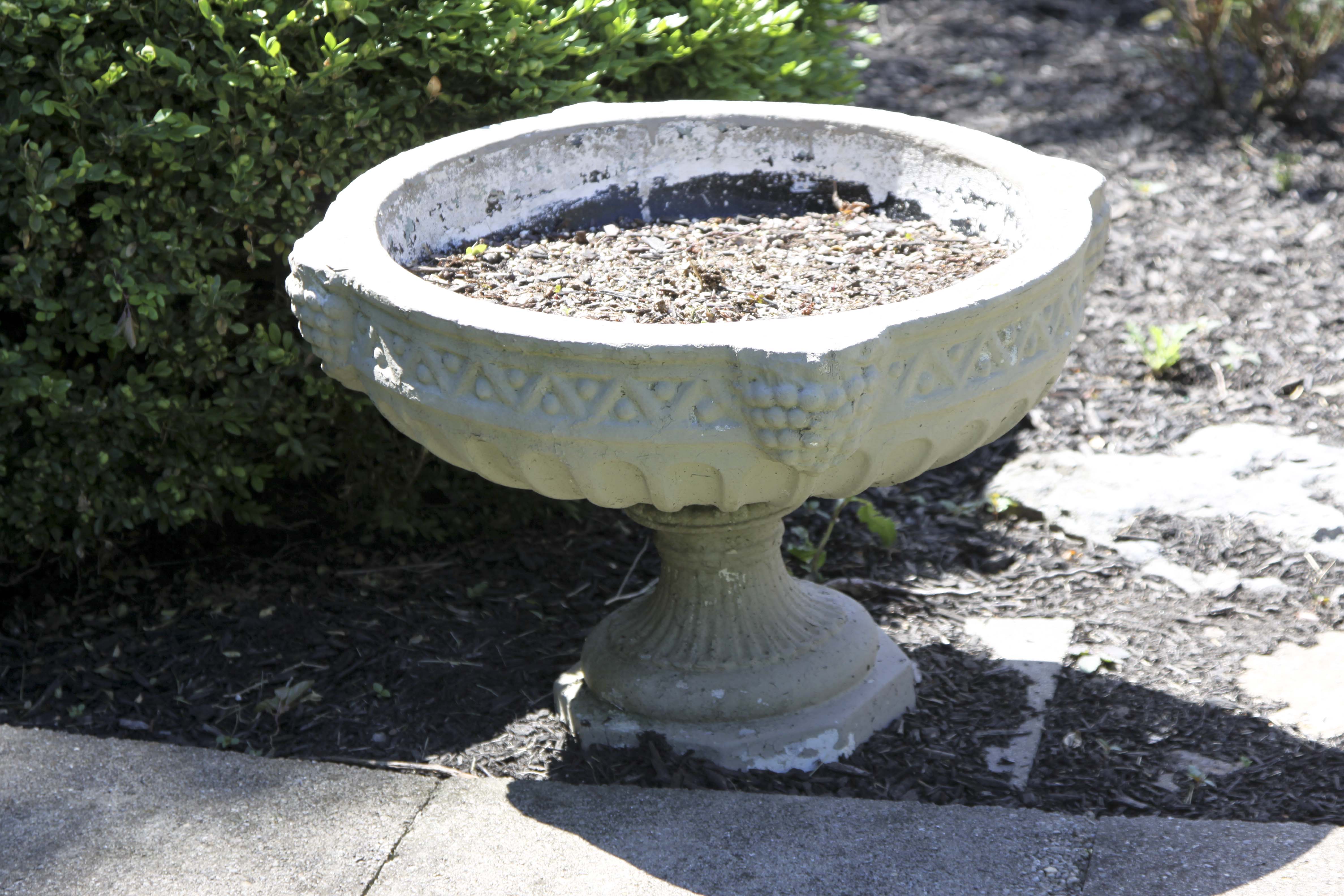 Pair of Cement Urns and White Garden Chair