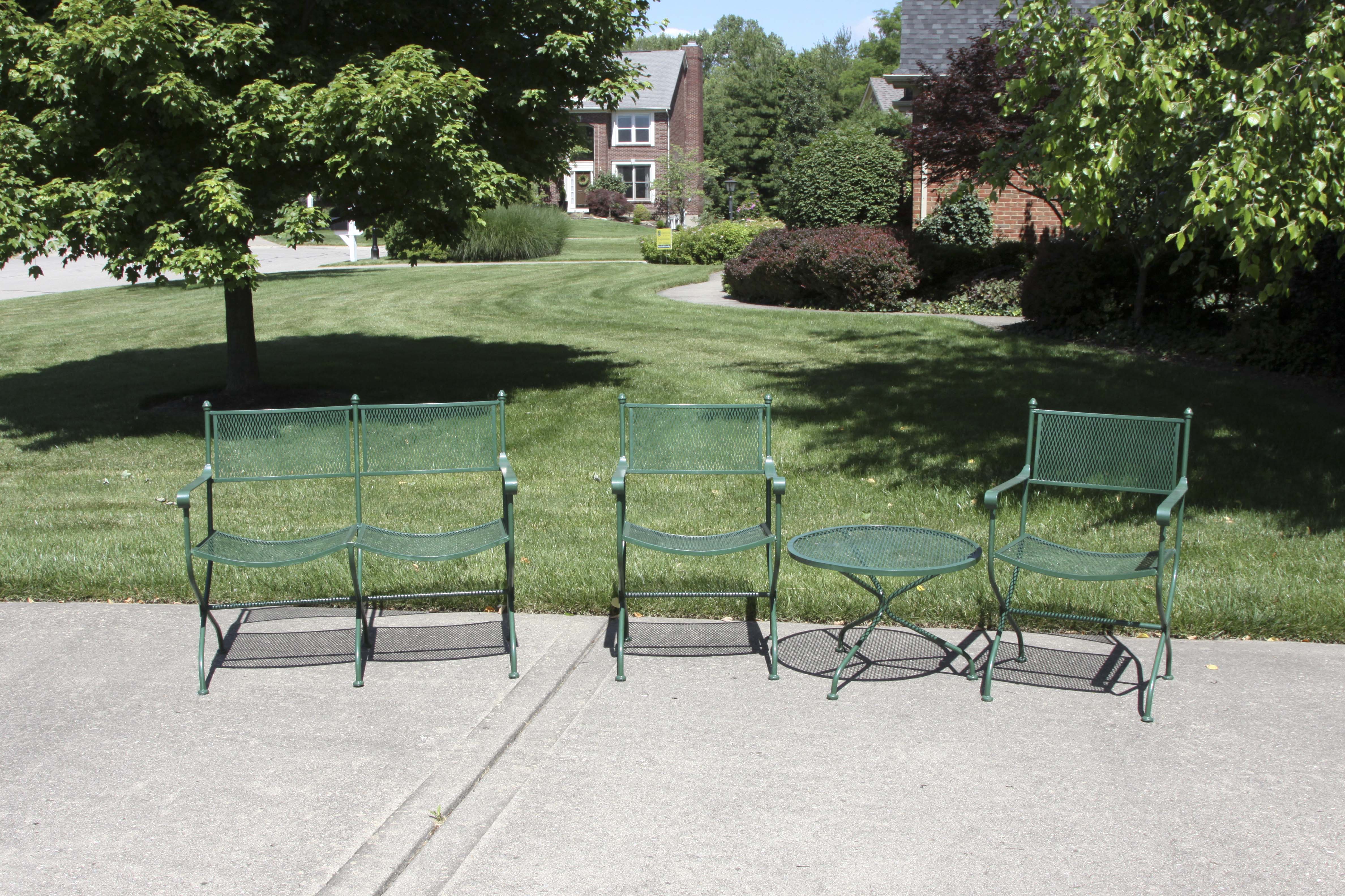 Wrought Iron Bench, Coffee Table and Two Chairs