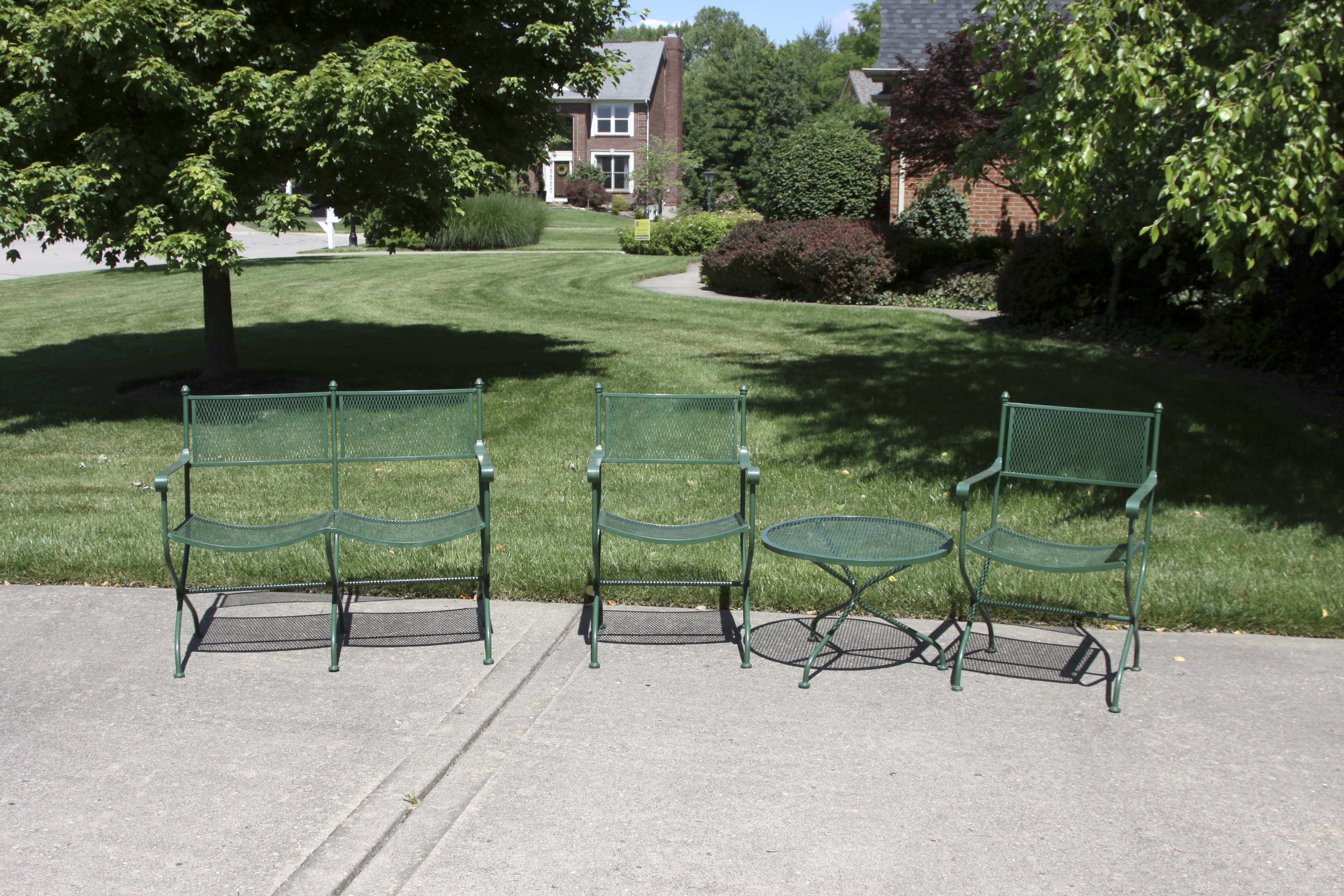 Wrought Iron Bench, Coffee Table and Two Chairs