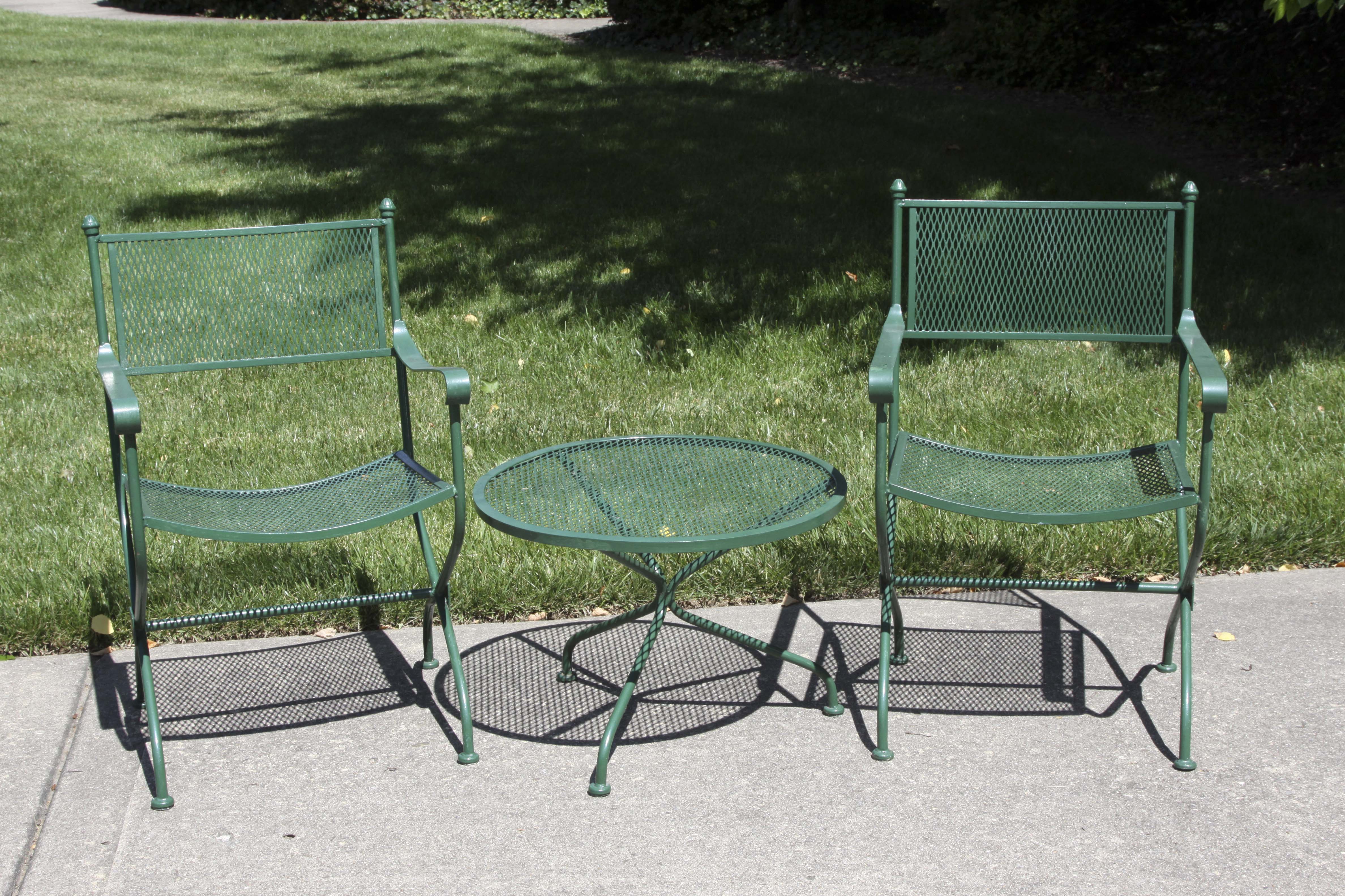 Wrought Iron Bench, Coffee Table and Two Chairs