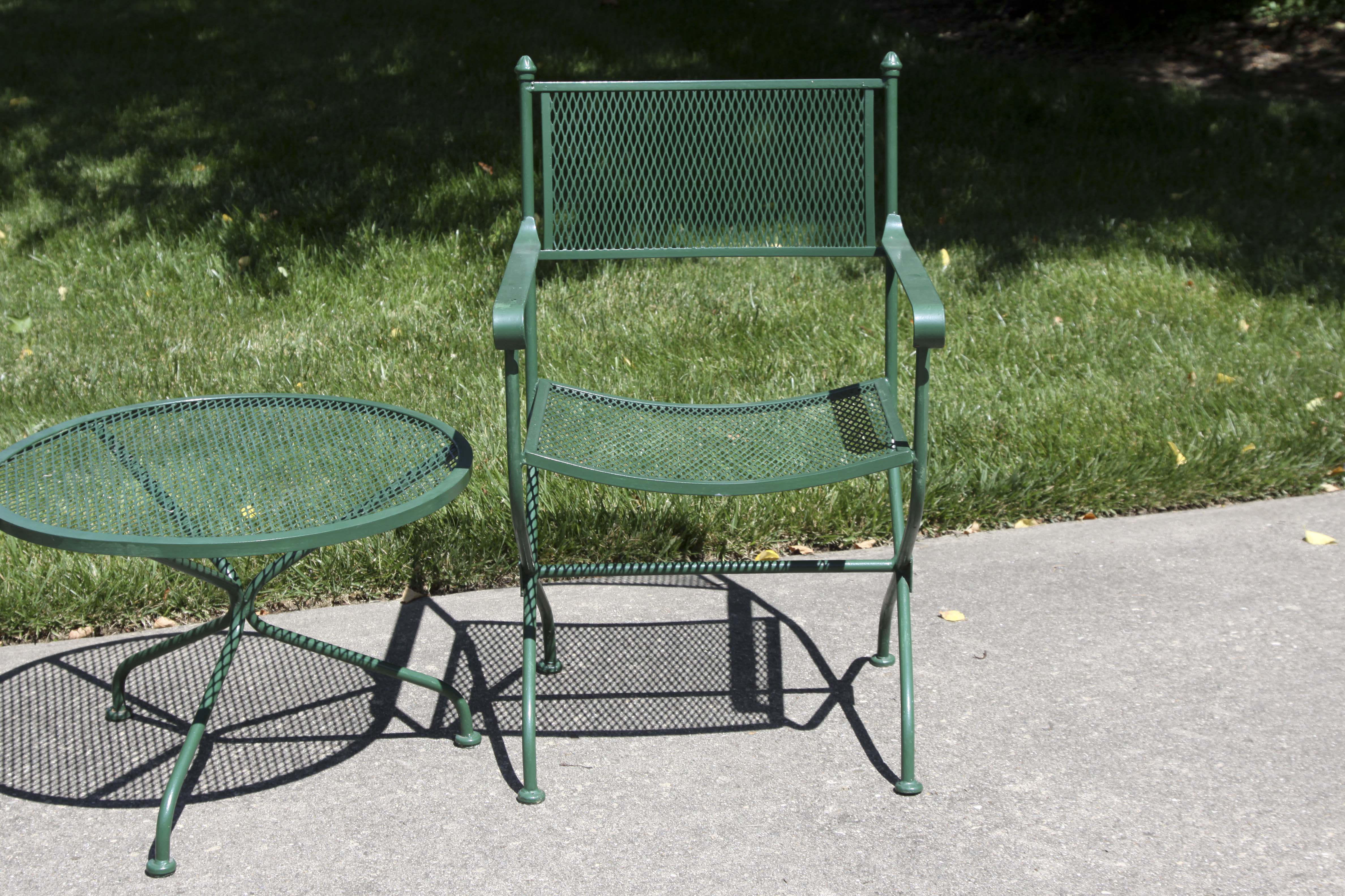 Wrought Iron Bench, Coffee Table and Two Chairs