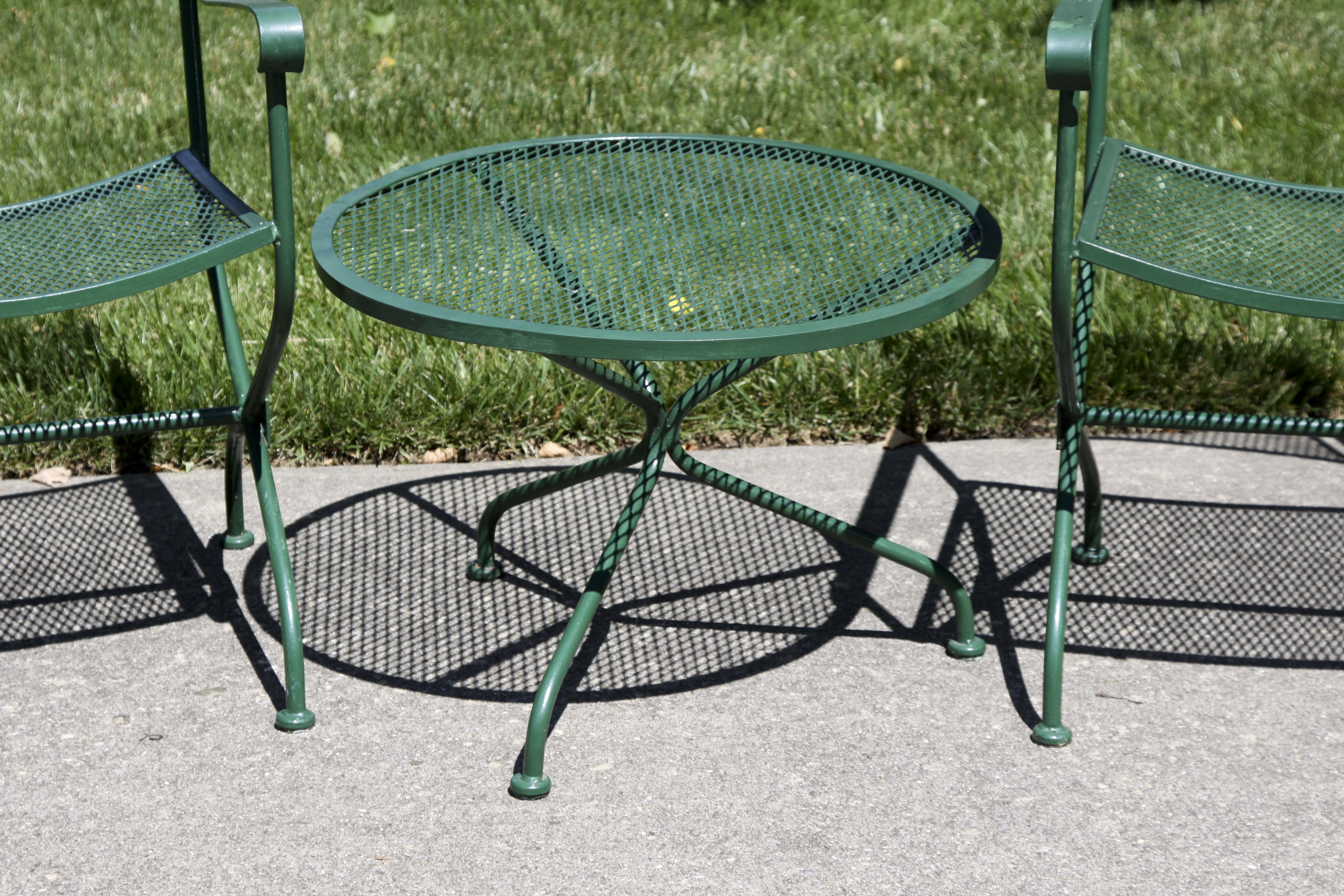 Wrought Iron Bench, Coffee Table and Two Chairs