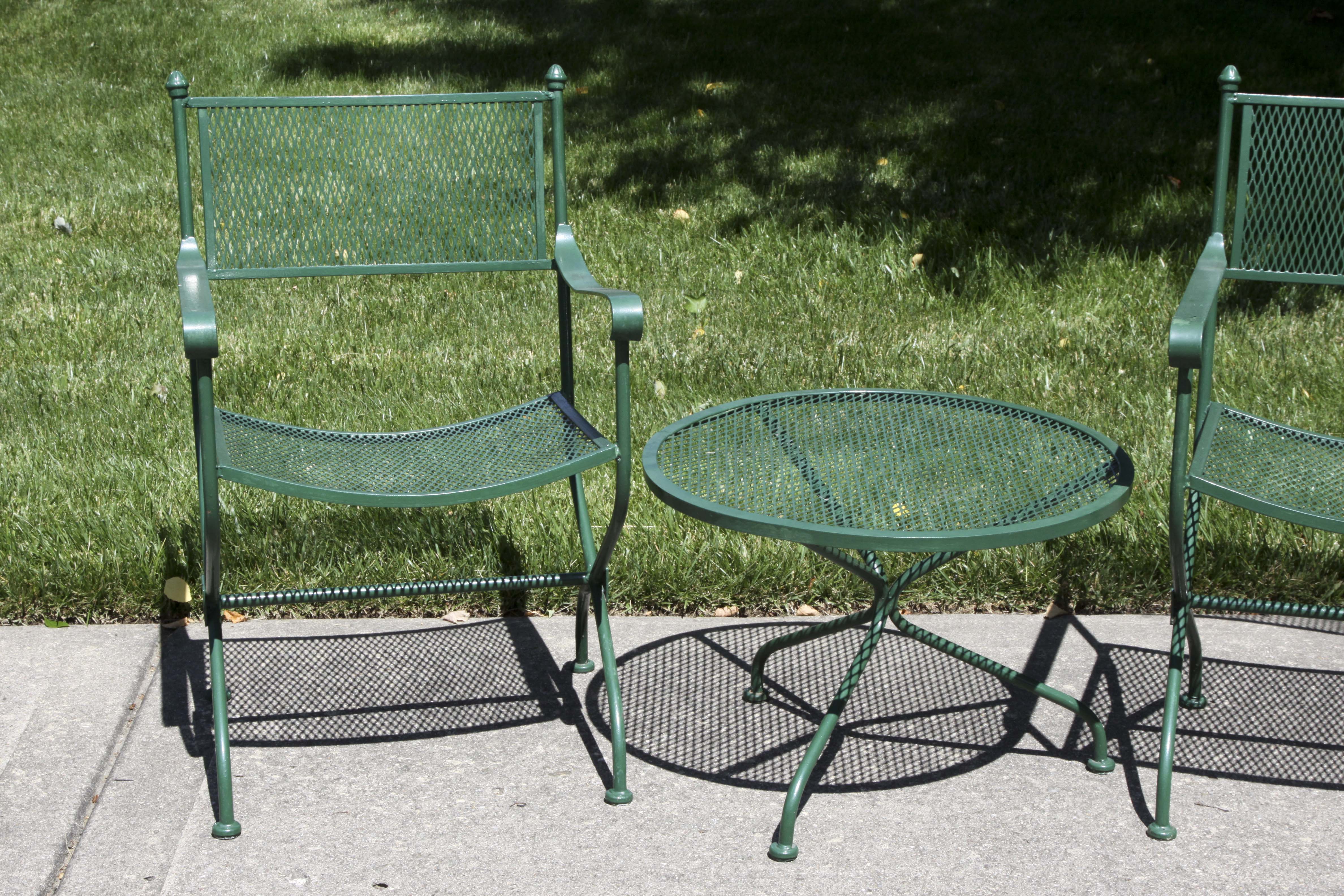 Wrought Iron Bench, Coffee Table and Two Chairs