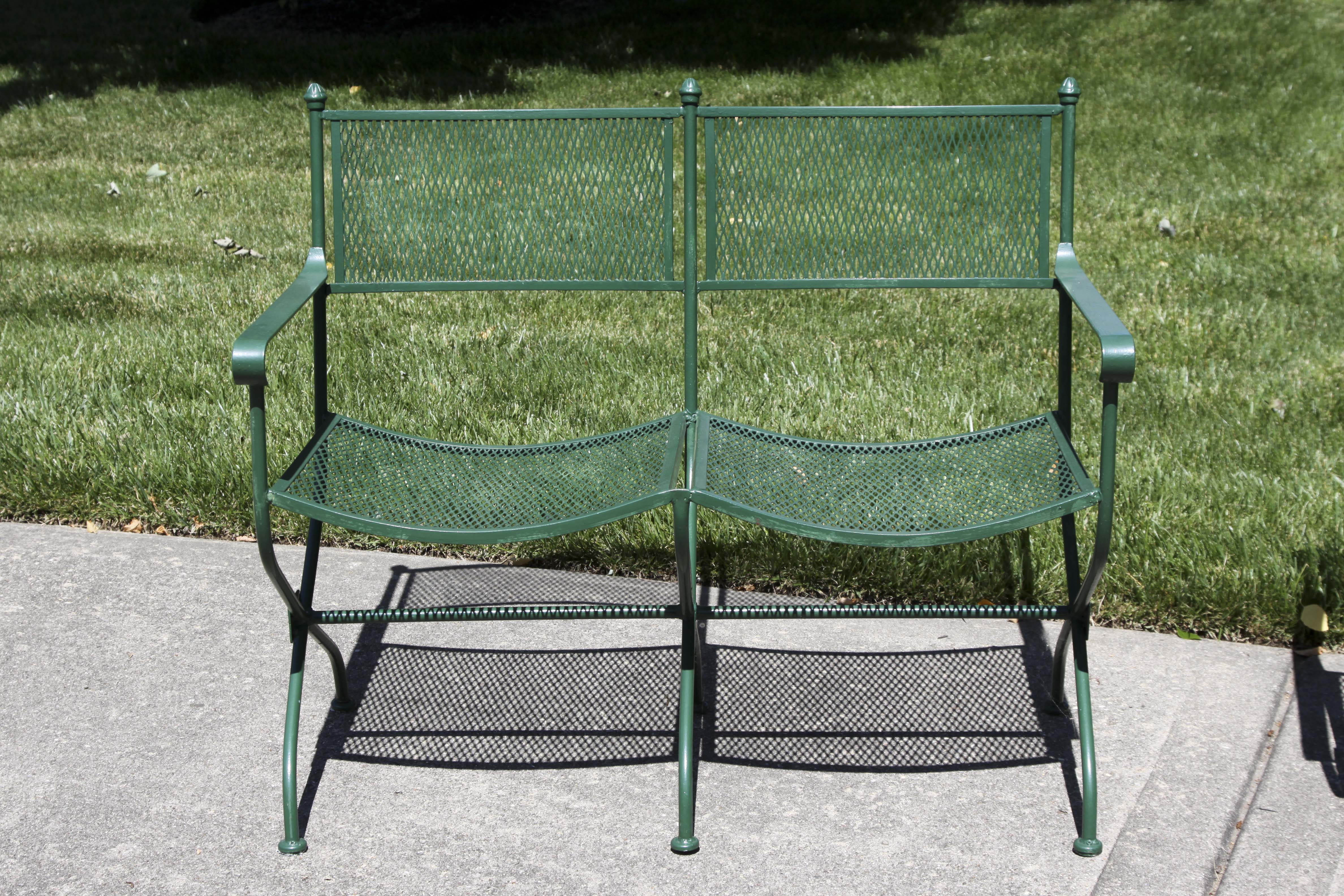 Wrought Iron Bench, Coffee Table and Two Chairs