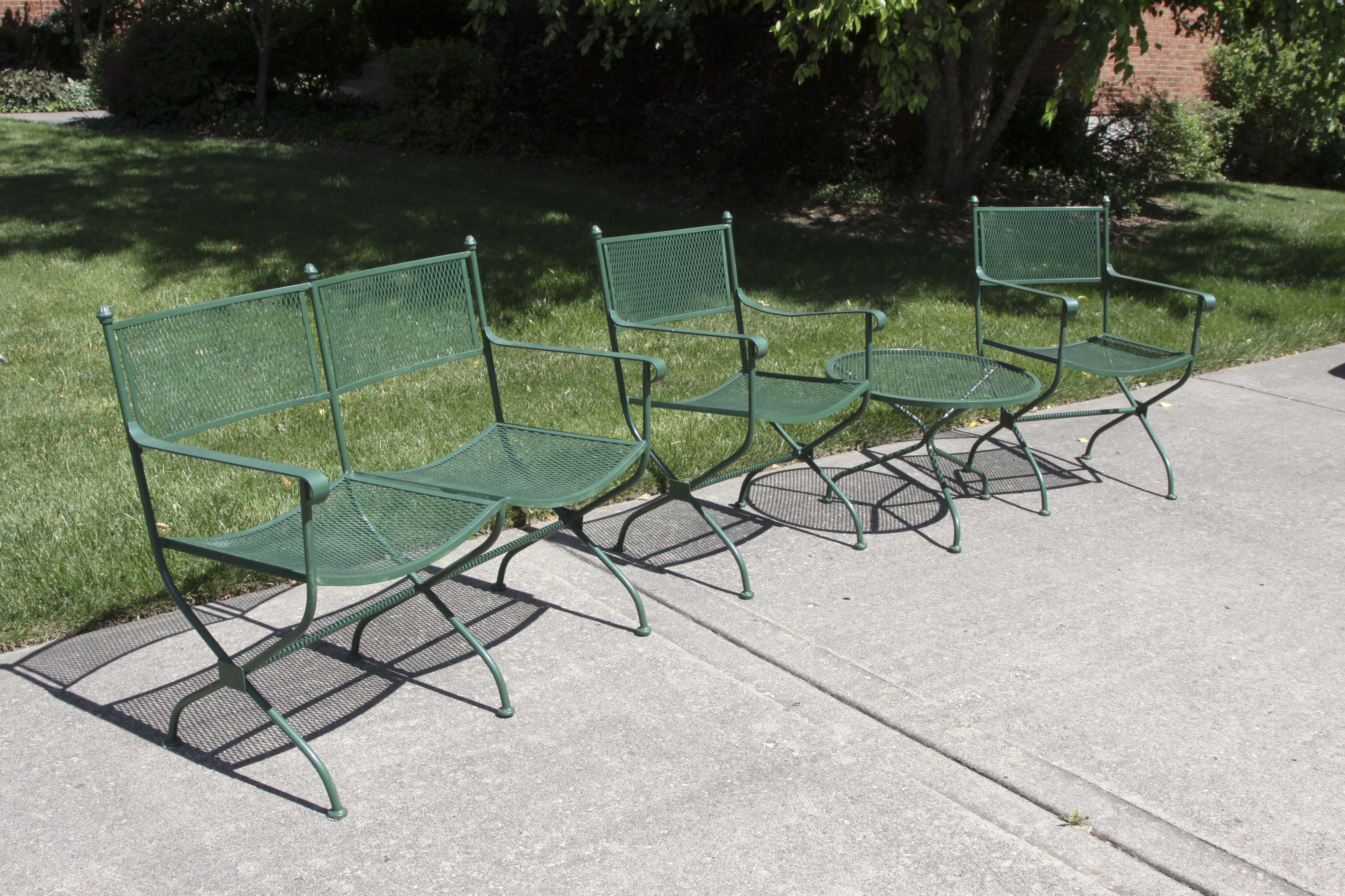 Wrought Iron Bench, Coffee Table and Two Chairs