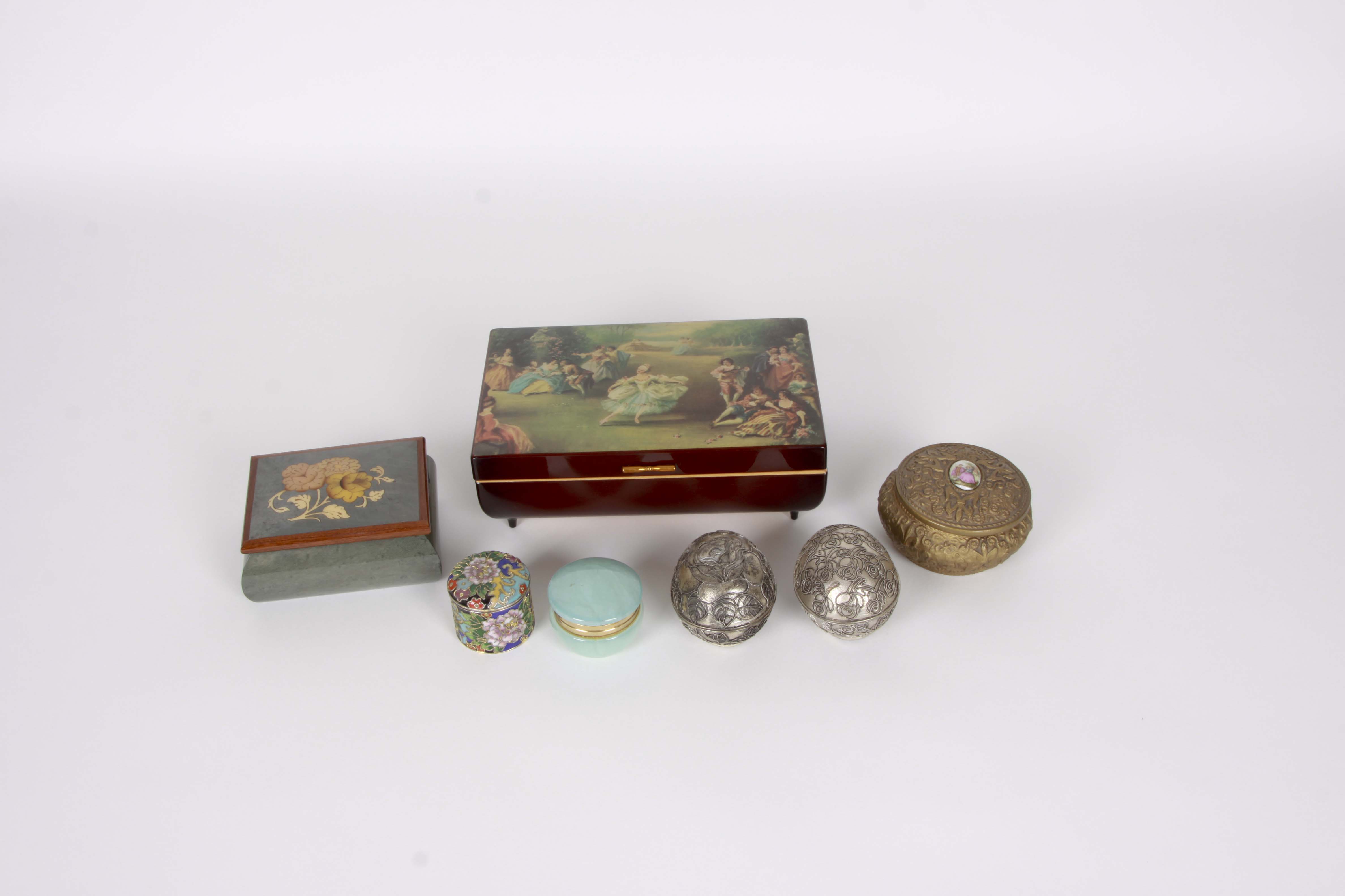 Assortment of Decorative Lidded Boxes Including a Deichert Music Box