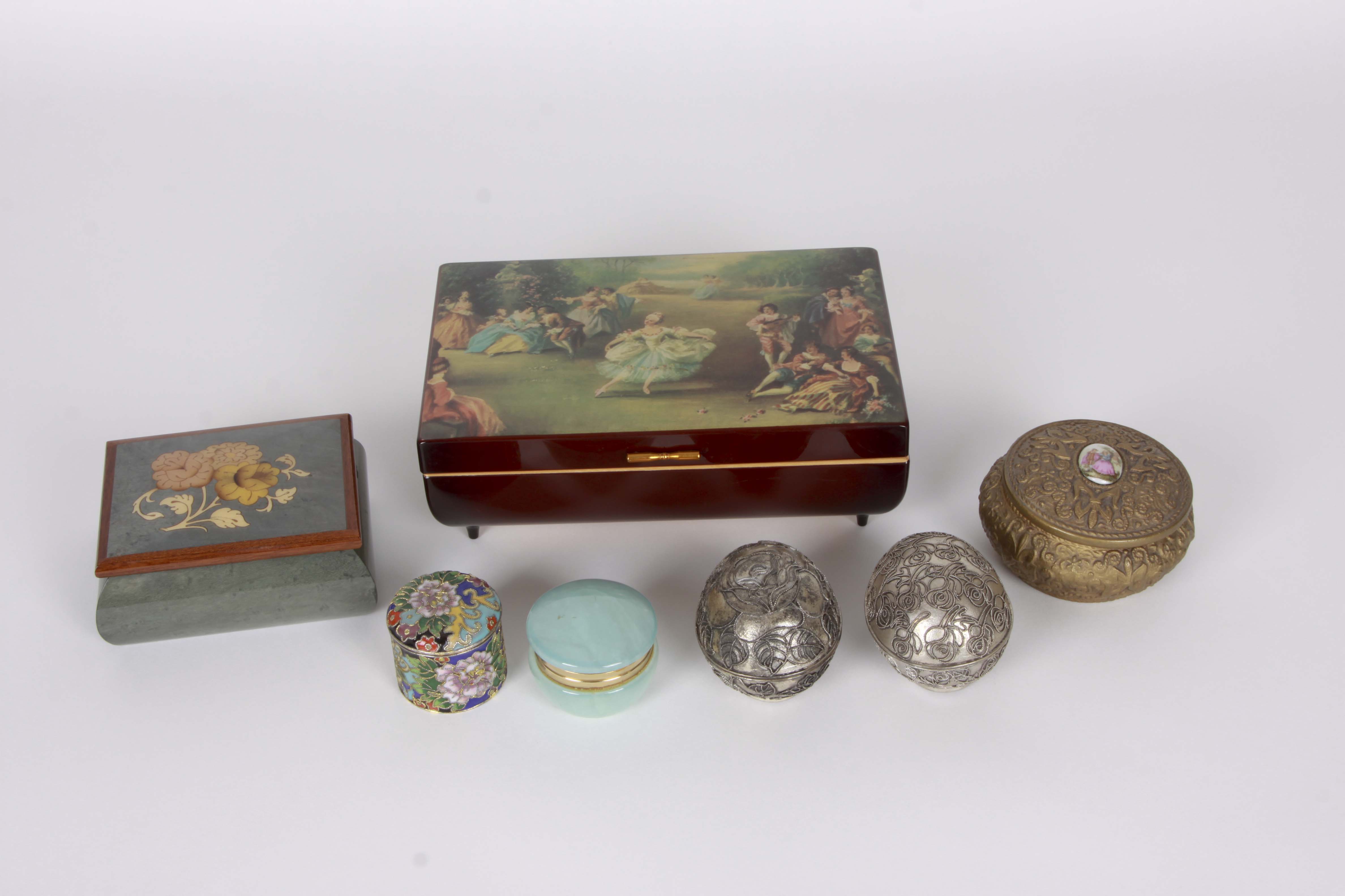 Assortment of Decorative Lidded Boxes Including a Deichert Music Box