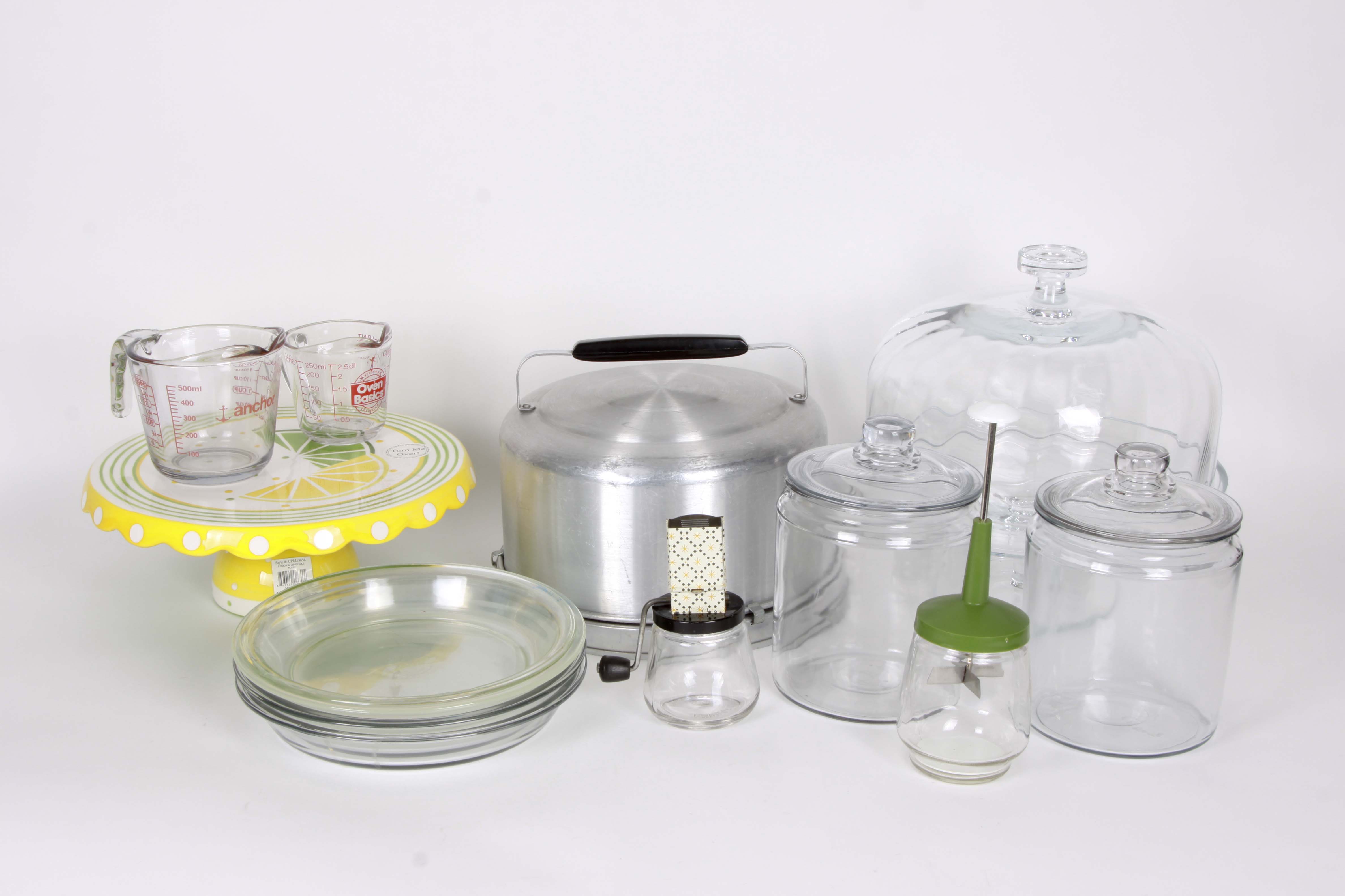 Large Assortment of Baking Supplies and Serving Pieces