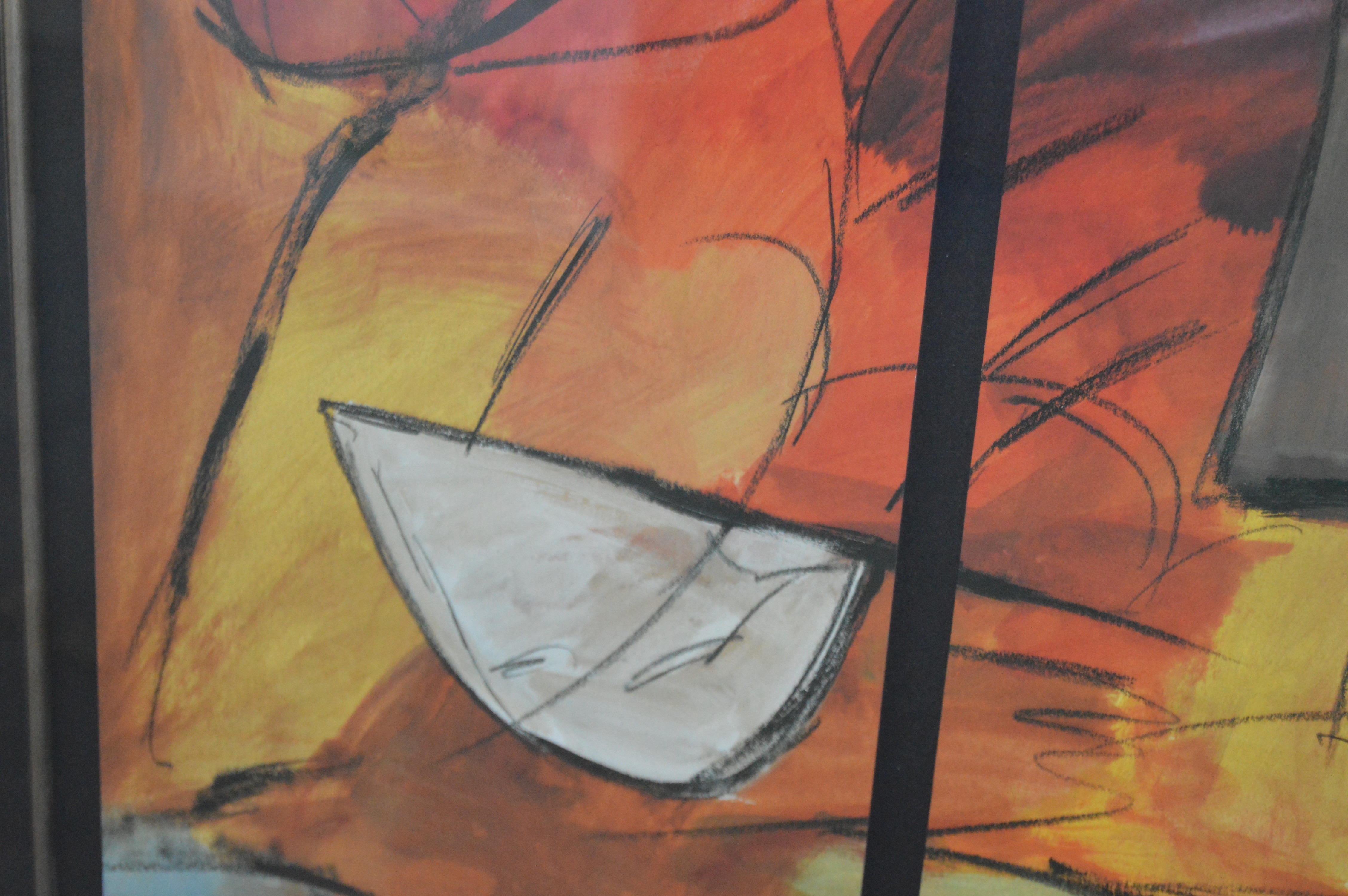 Framed Modern Artwork and Salt-Glazed Pottery Vase