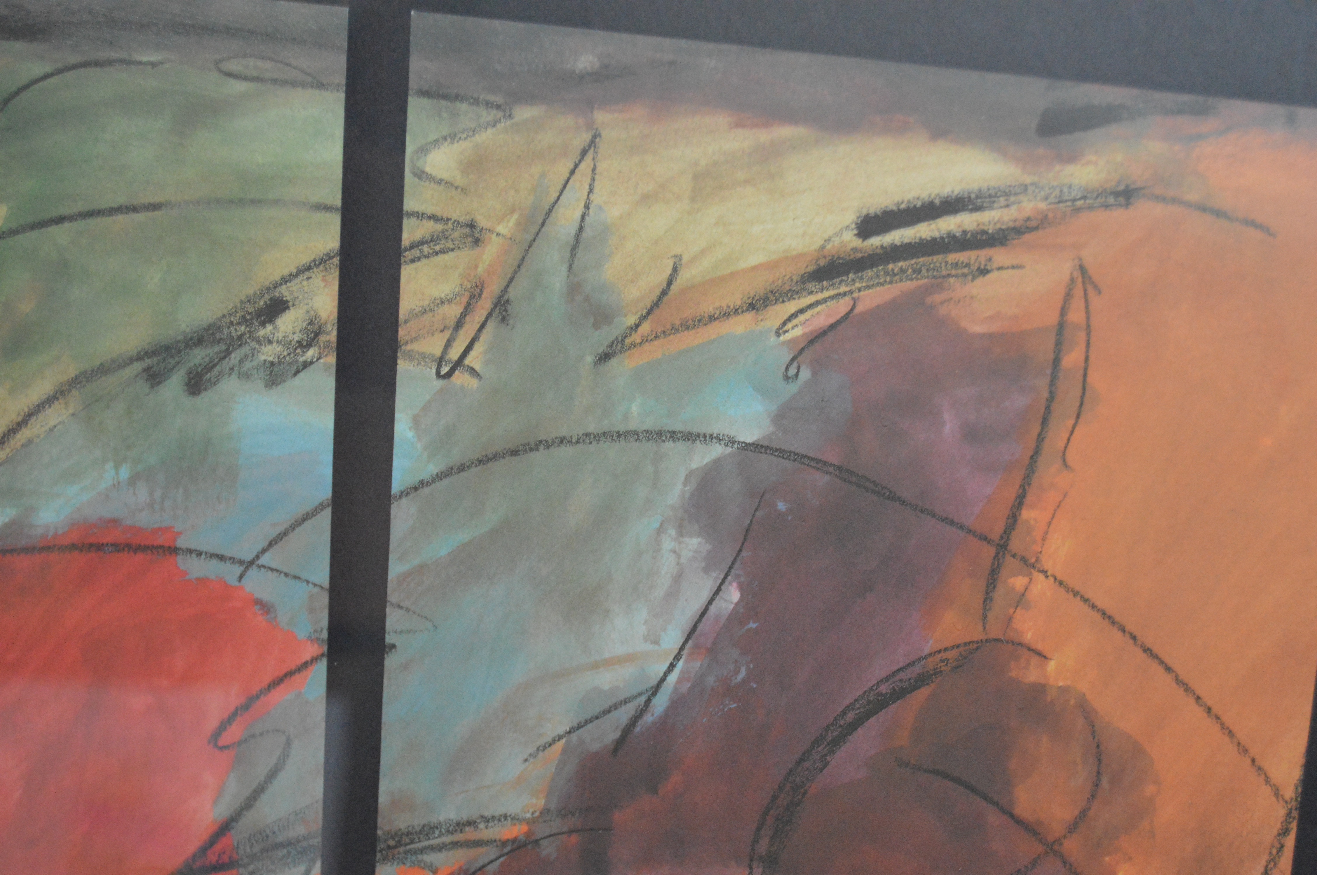 Framed Modern Artwork and Salt-Glazed Pottery Vase