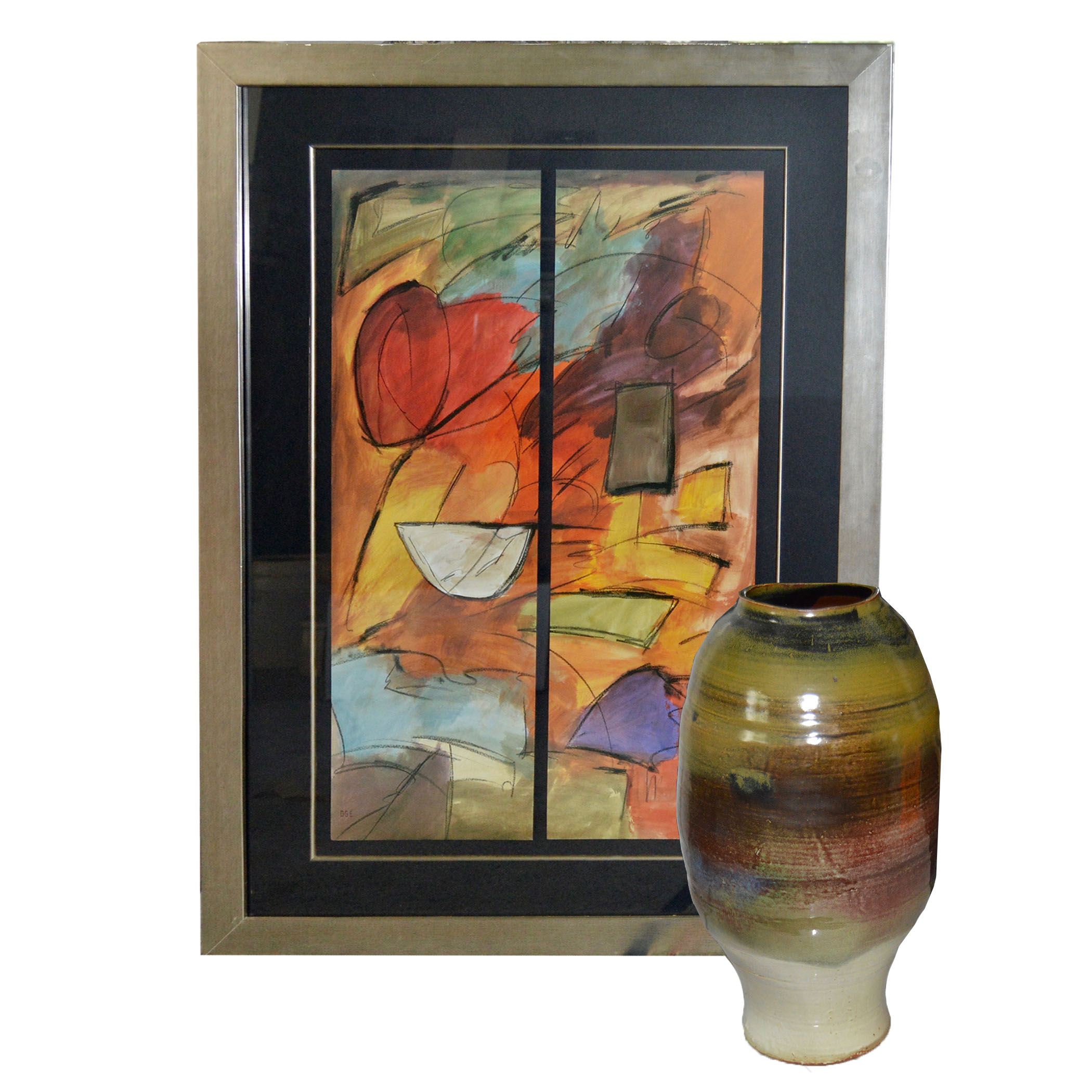 Framed Modern Artwork and Salt-Glazed Pottery Vase